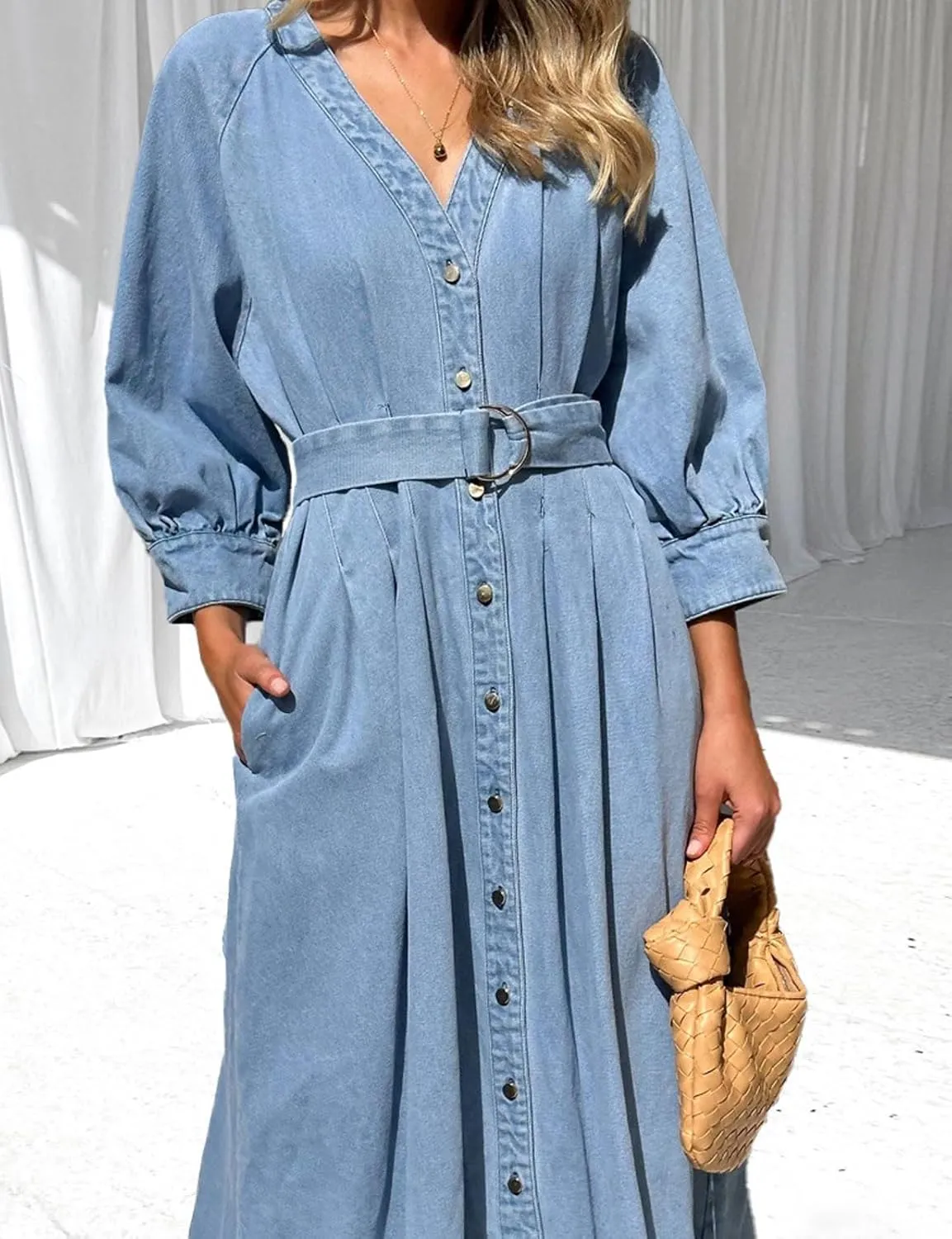 loveimgs Women 2025 Casual Button Down Denim Maxi Dress Pleated A Line Long Jean Shirt Dresses Belted Pockets