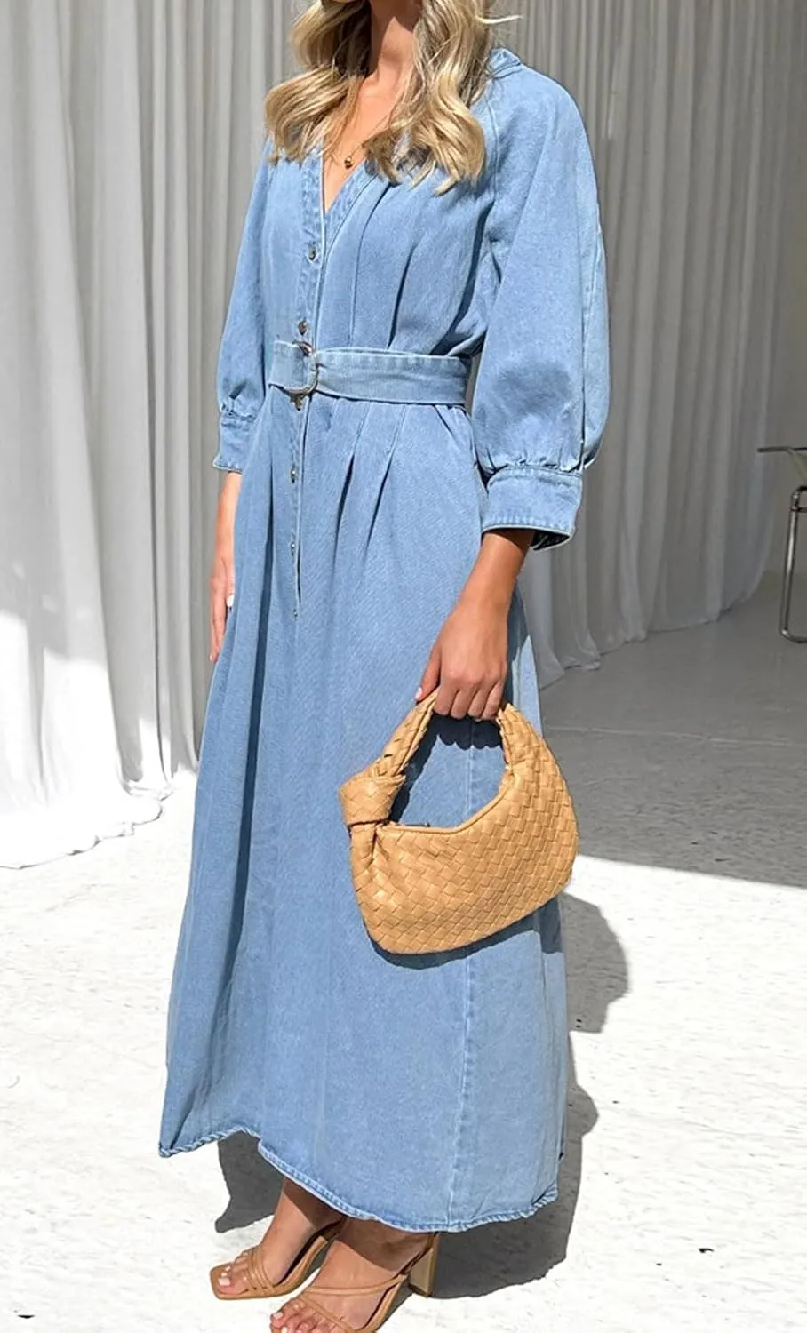 loveimgs Women 2025 Casual Button Down Denim Maxi Dress Pleated A Line Long Jean Shirt Dresses Belted Pockets