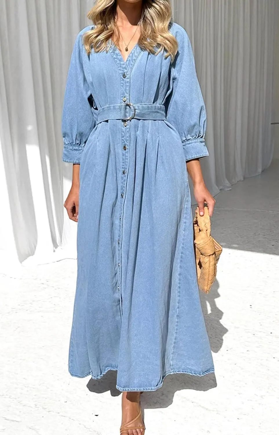 loveimgs Women 2025 Casual Button Down Denim Maxi Dress Pleated A Line Long Jean Shirt Dresses Belted Pockets