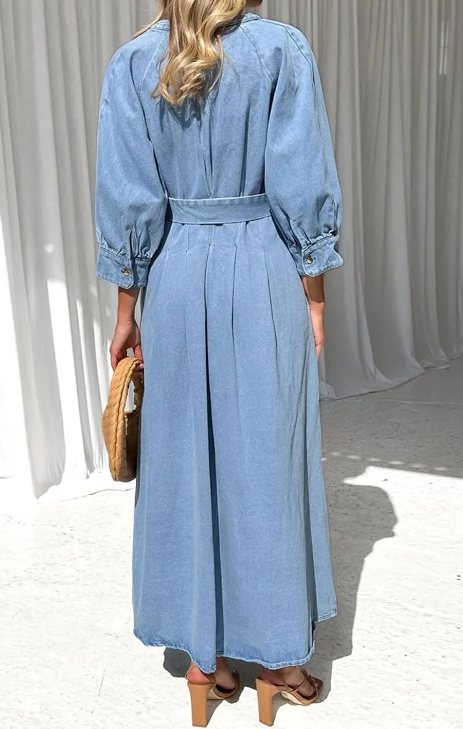 loveimgs Women 2025 Casual Button Down Denim Maxi Dress Pleated A Line Long Jean Shirt Dresses Belted Pockets