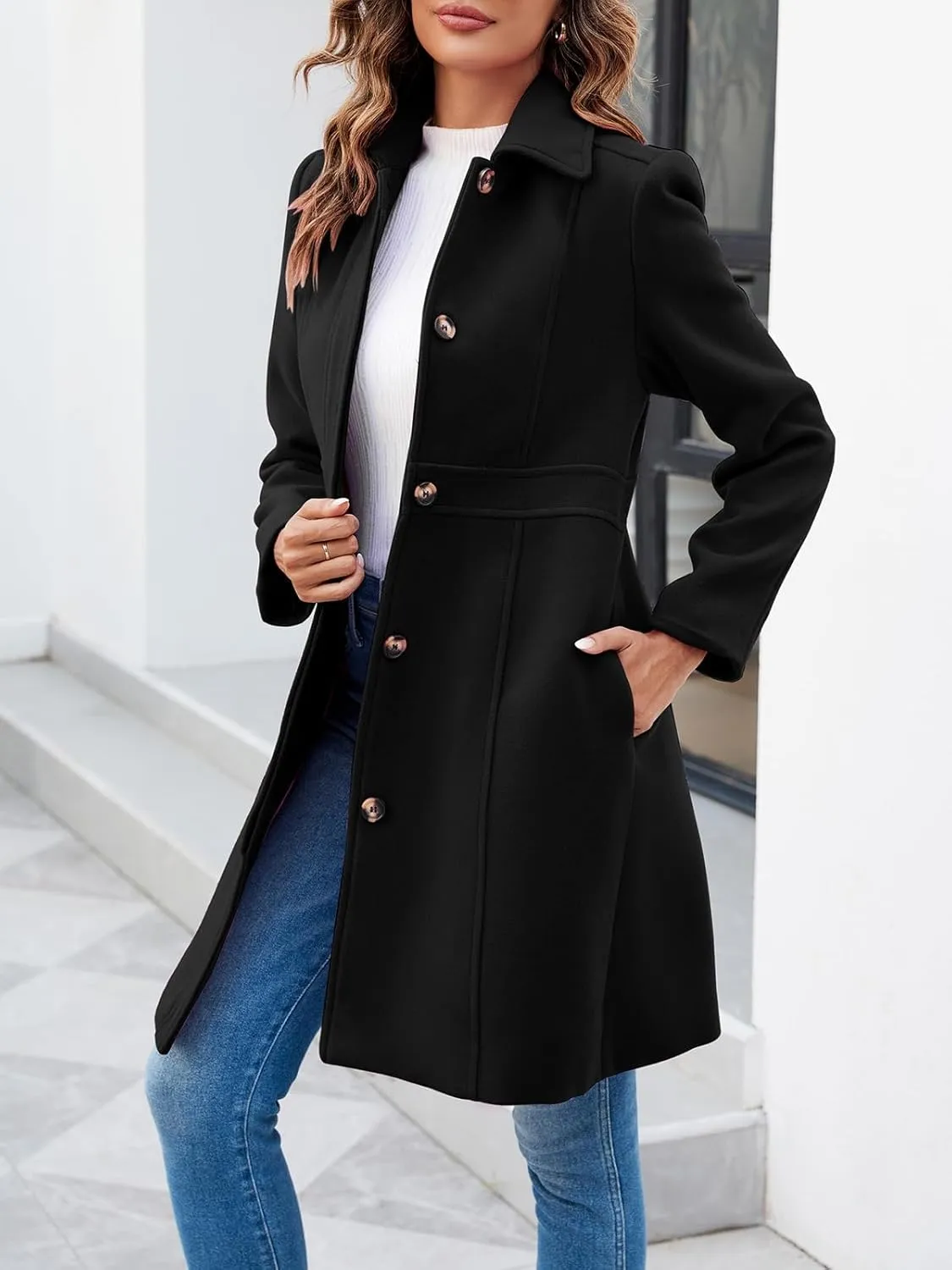 loveimgs Women's Elegant Single Breasted Coat Long Sleeve Pea Coat Winter Wool Blend Overcoat Long Jackets