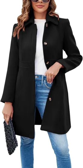 loveimgs Women's Elegant Single Breasted Coat Long Sleeve Pea Coat Winter Wool Blend Overcoat Long Jackets