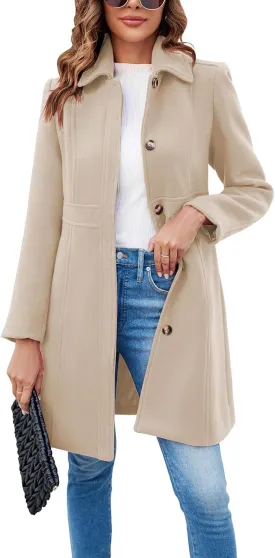 loveimgs Women's Elegant Single Breasted Coat Long Sleeve Pea Coat Winter Wool Blend Overcoat Long Jackets