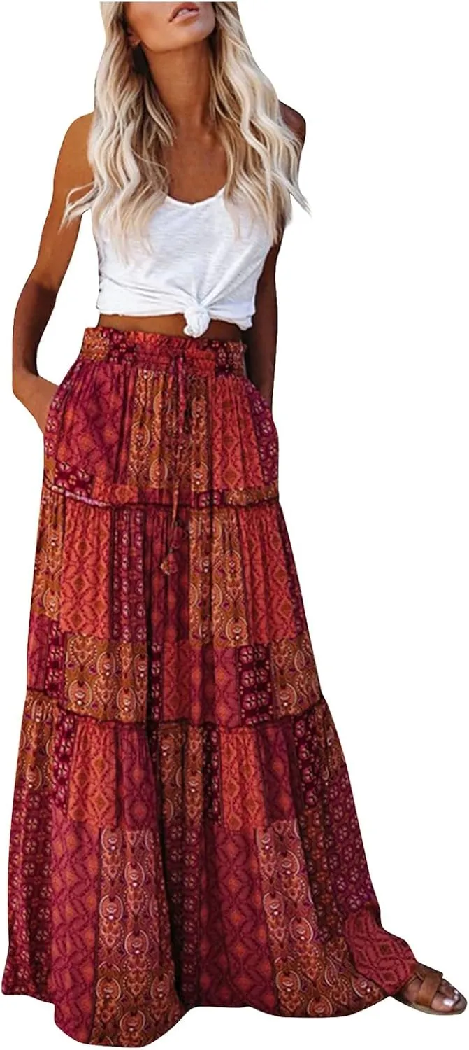Maxi Skirt for Women Casual High Waist Tie Paisley Print Long Skirts with Pocket Bohemian Flowy Pleated Tiered Skirt