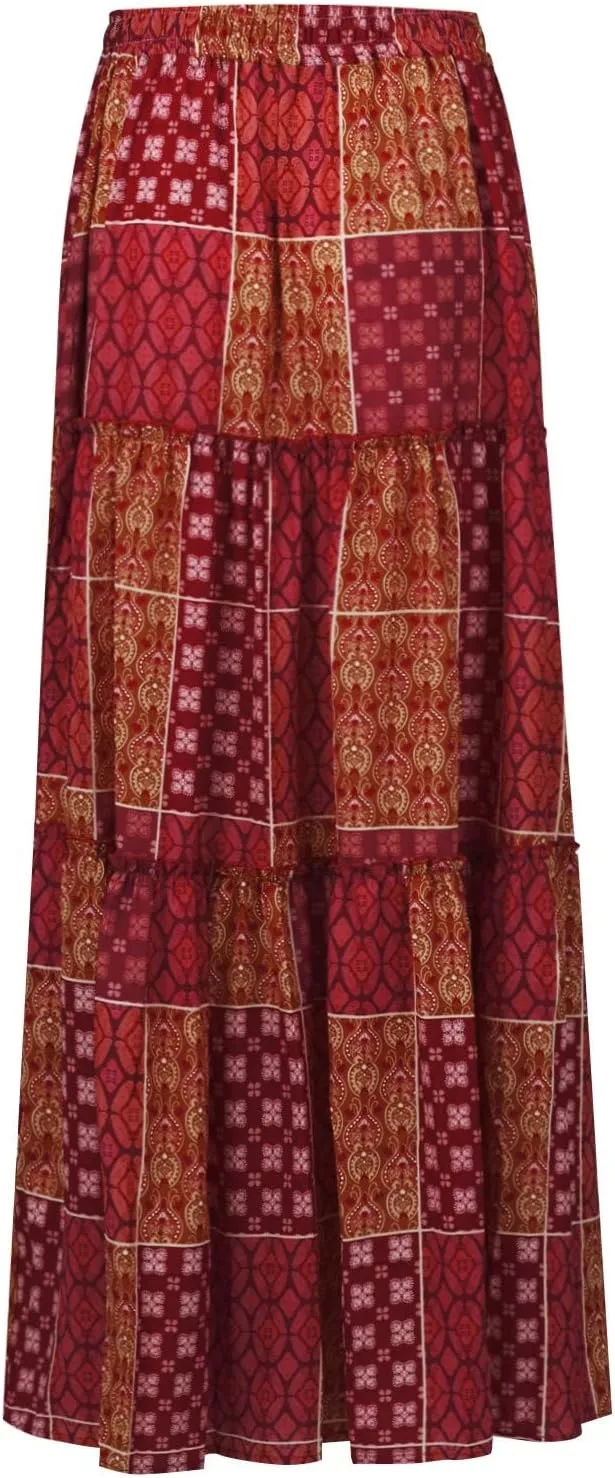 Maxi Skirt for Women Casual High Waist Tie Paisley Print Long Skirts with Pocket Bohemian Flowy Pleated Tiered Skirt