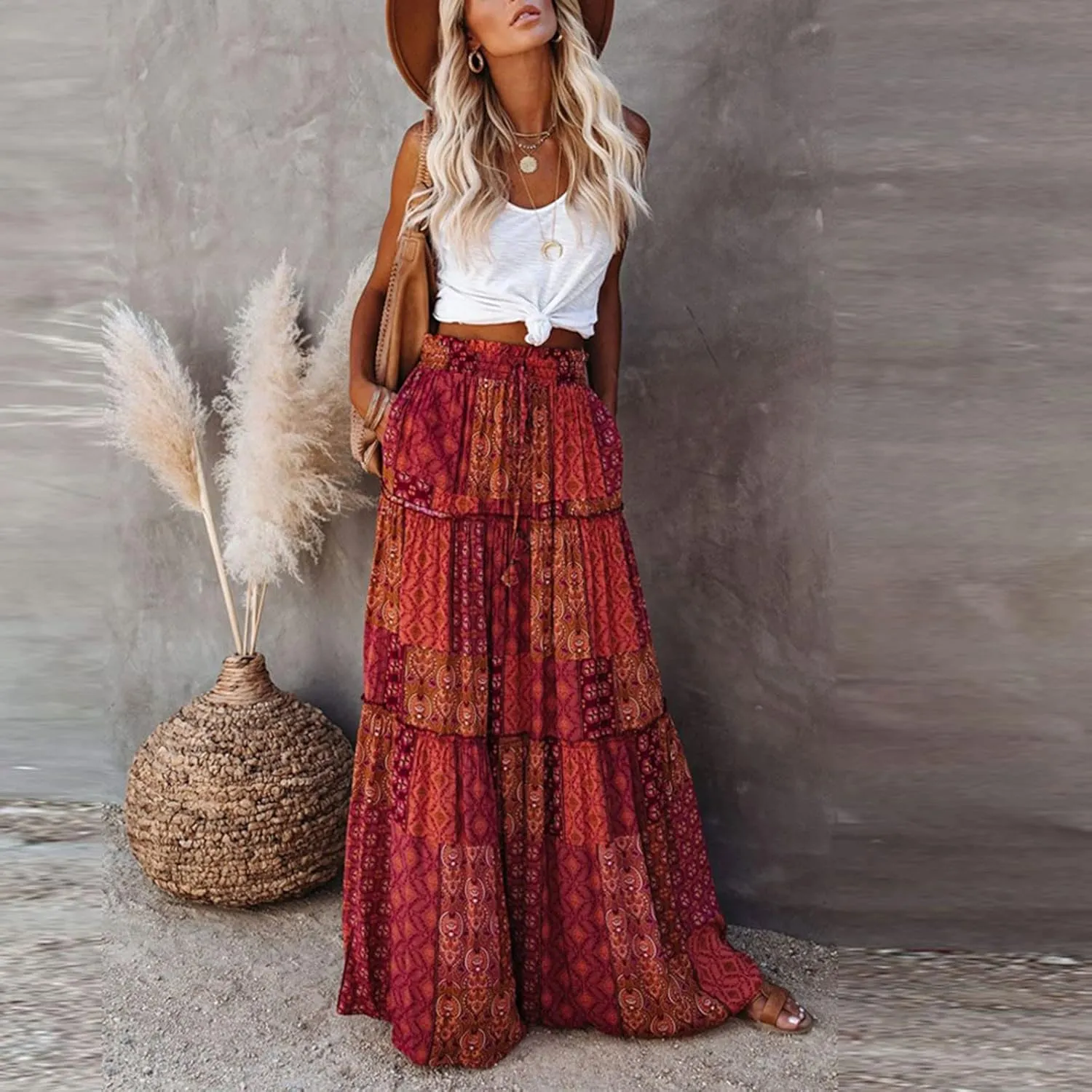 Maxi Skirt for Women Casual High Waist Tie Paisley Print Long Skirts with Pocket Bohemian Flowy Pleated Tiered Skirt