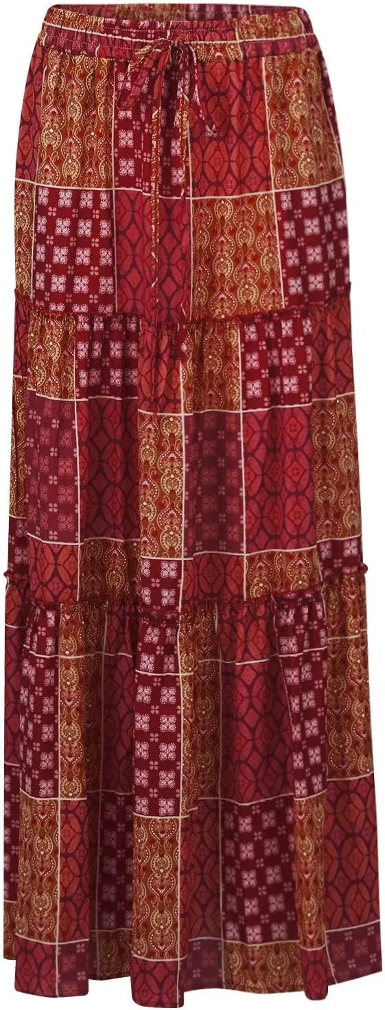 Maxi Skirt for Women Casual High Waist Tie Paisley Print Long Skirts with Pocket Bohemian Flowy Pleated Tiered Skirt