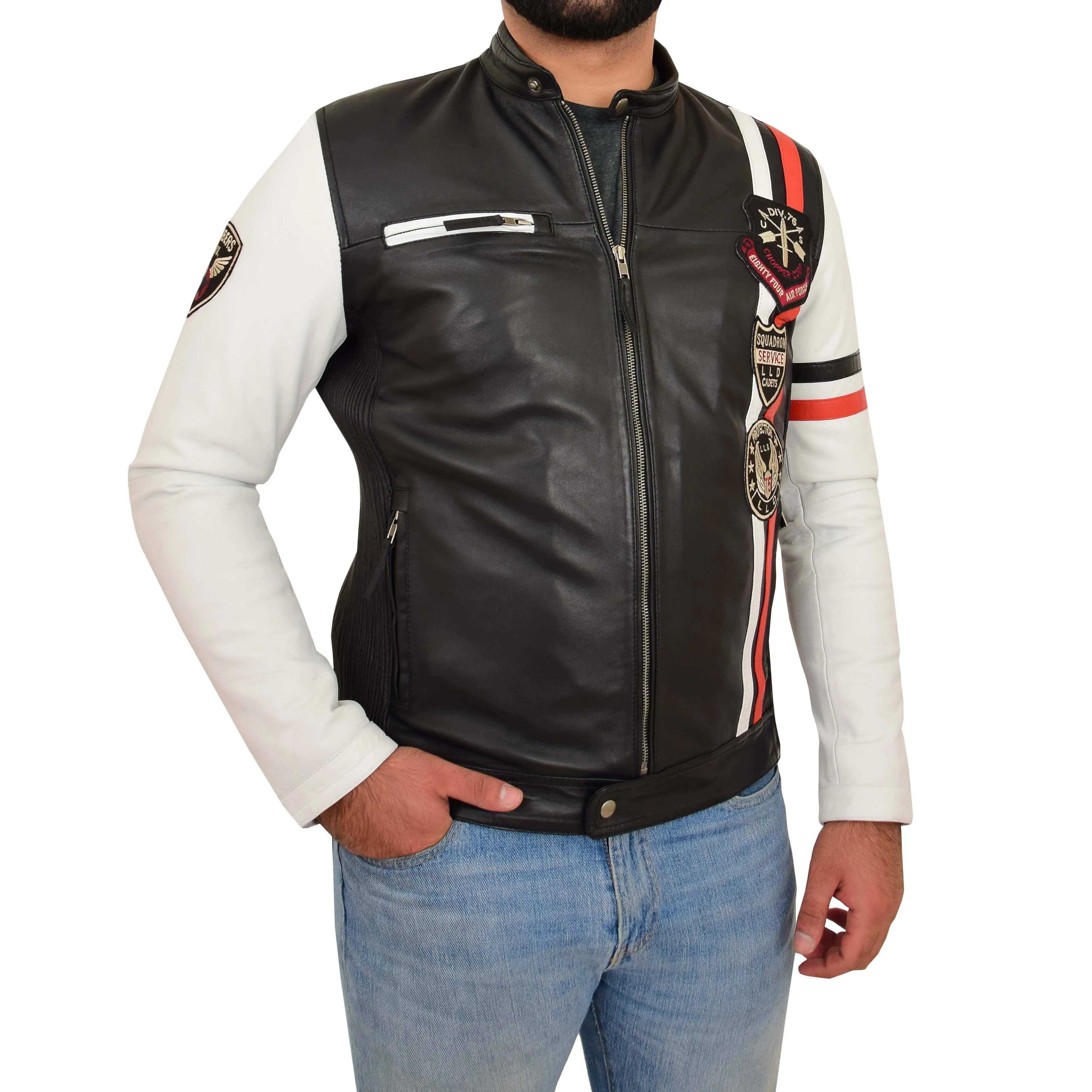 Mens Biker Leather Jacket Black White Sleeves Badges Stripes Sports Style Gears