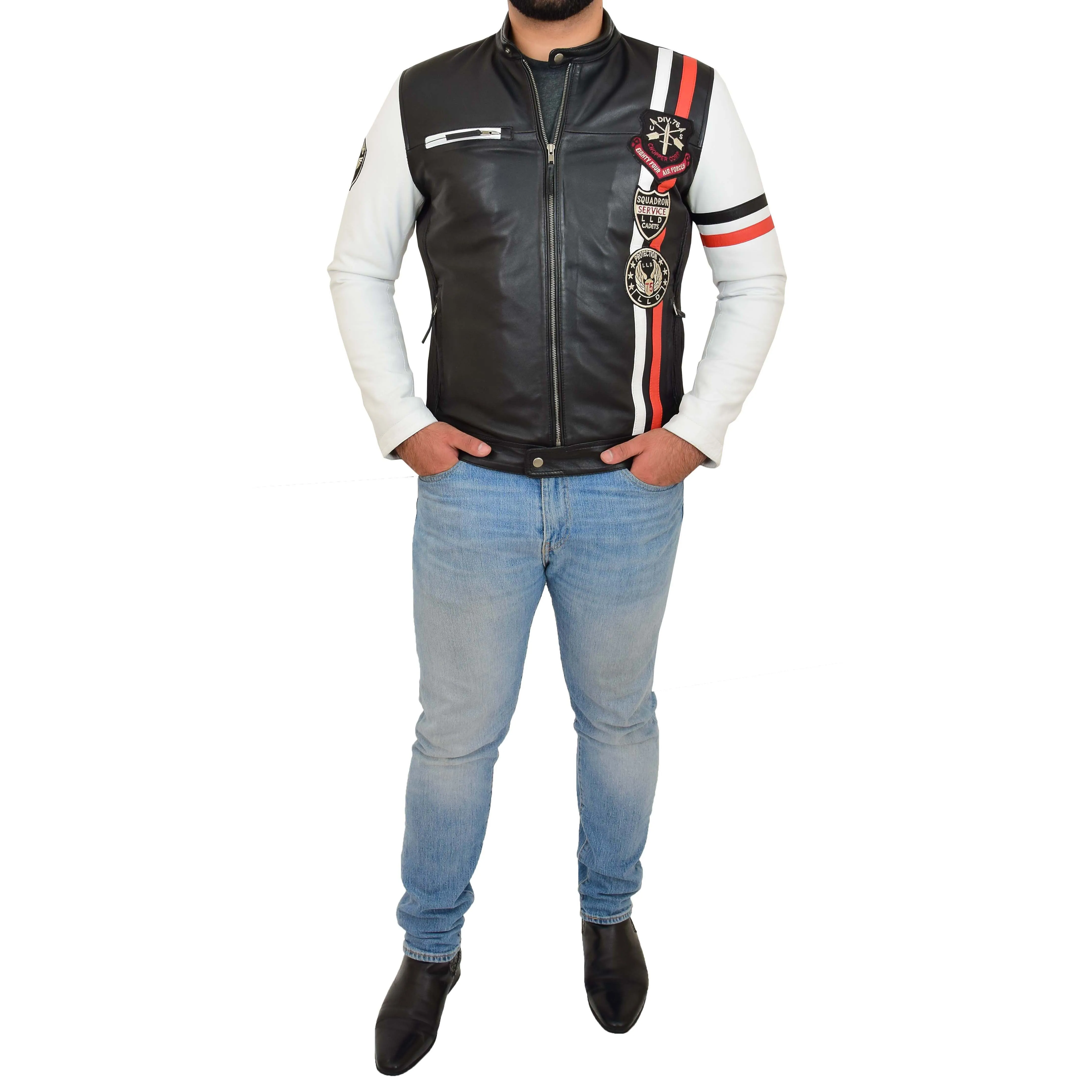 Mens Biker Leather Jacket Black White Sleeves Badges Stripes Sports Style Gears