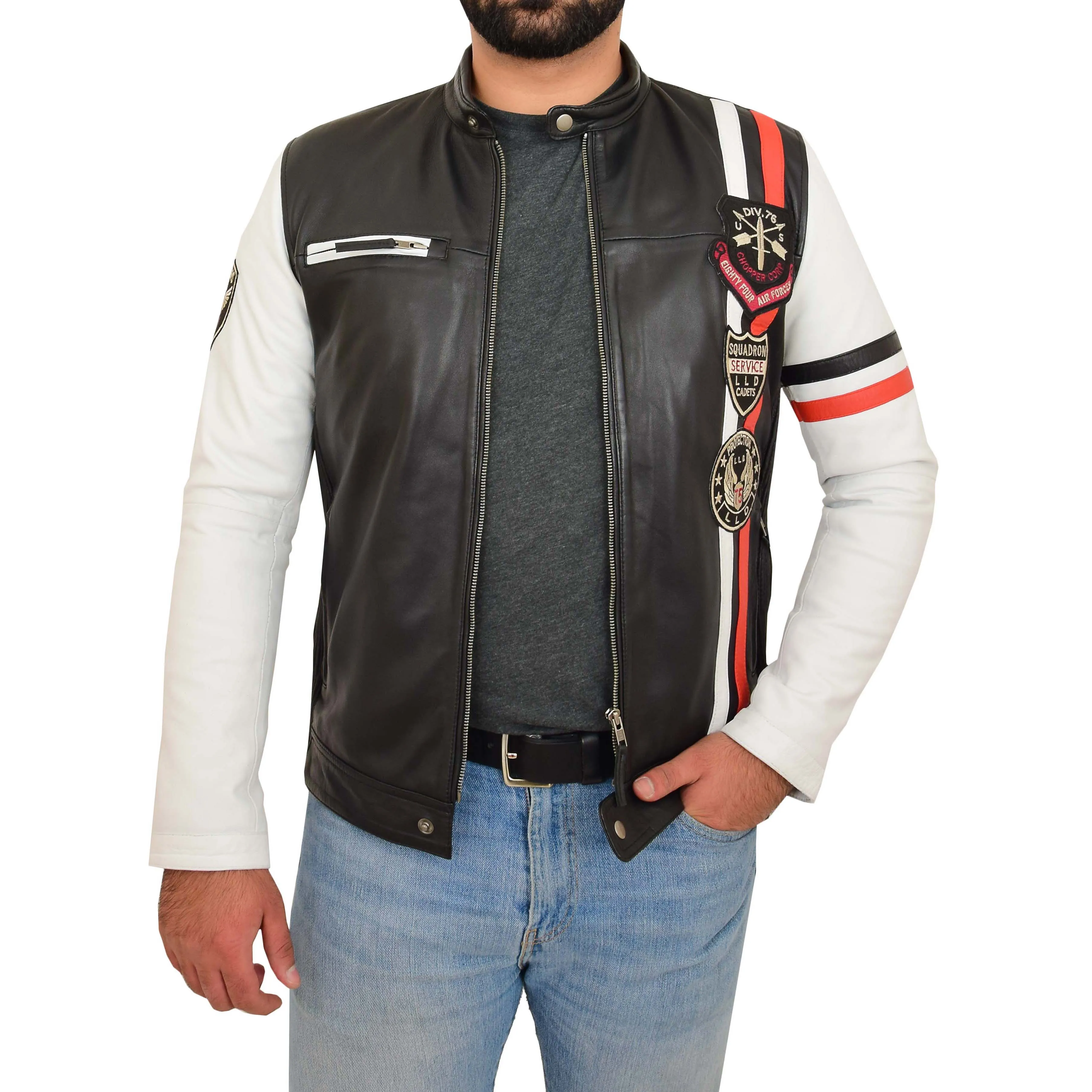 Mens Biker Leather Jacket Black White Sleeves Badges Stripes Sports Style Gears