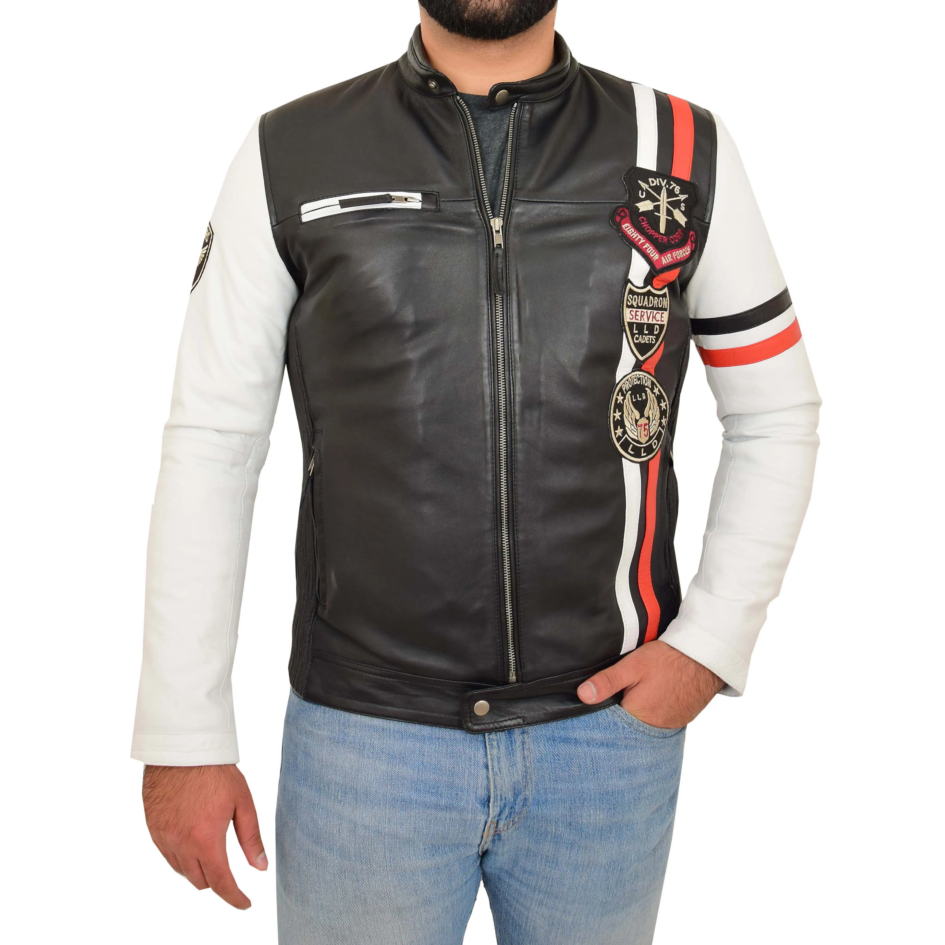 Mens Biker Leather Jacket Black White Sleeves Badges Stripes Sports Style Gears