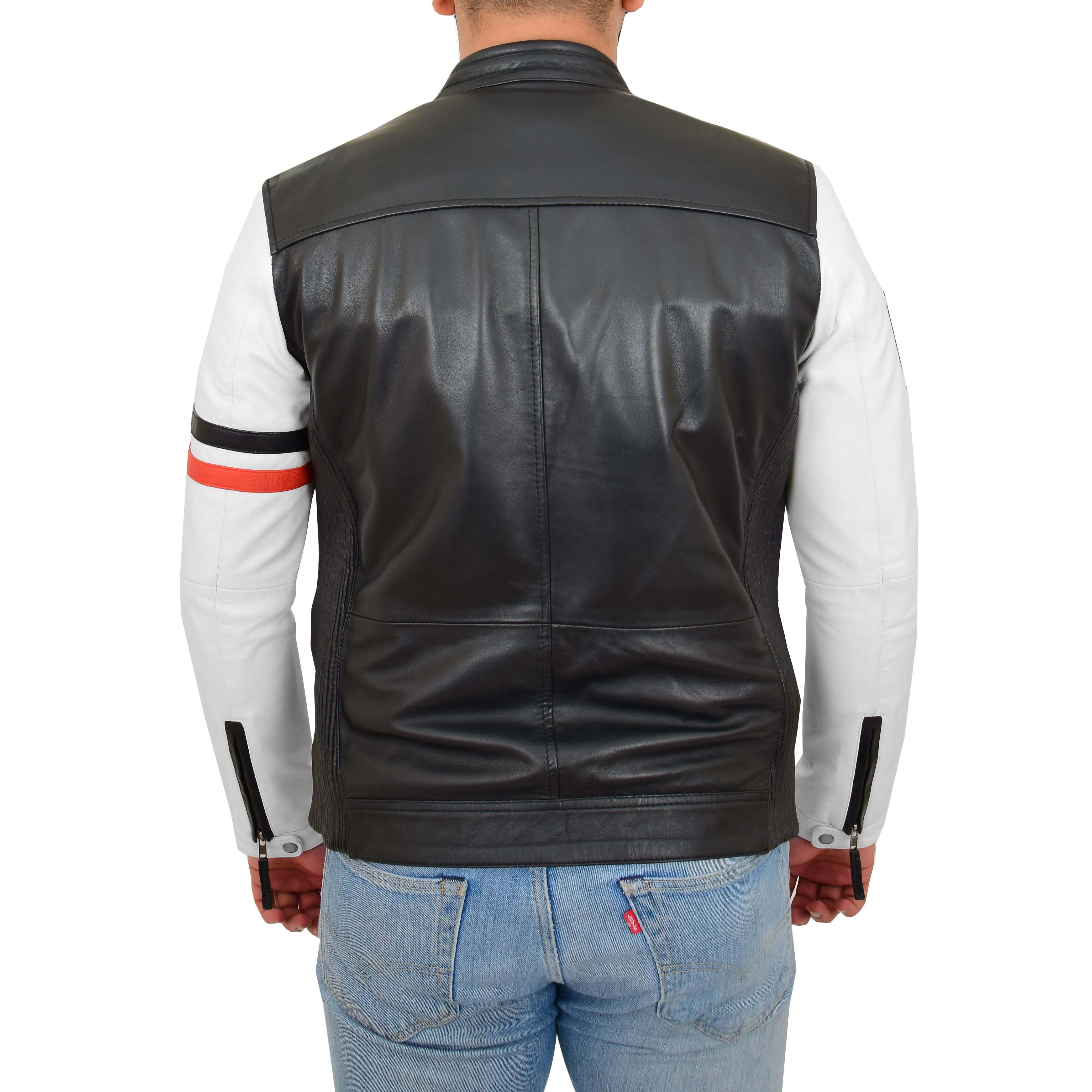 Mens Biker Leather Jacket Black White Sleeves Badges Stripes Sports Style Gears