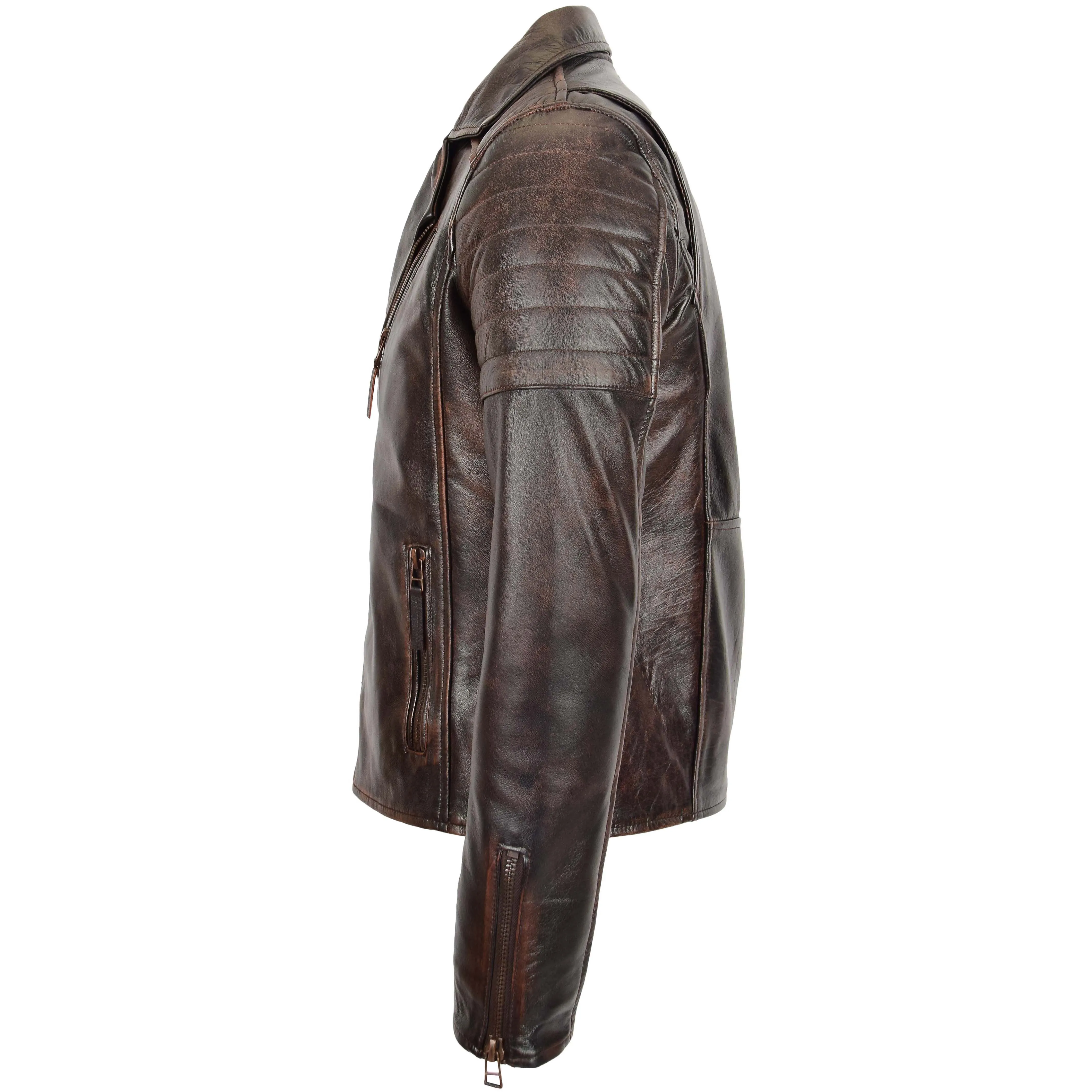 Mens Biker Leather Jacket Dual Zip Hook Brown Vintage