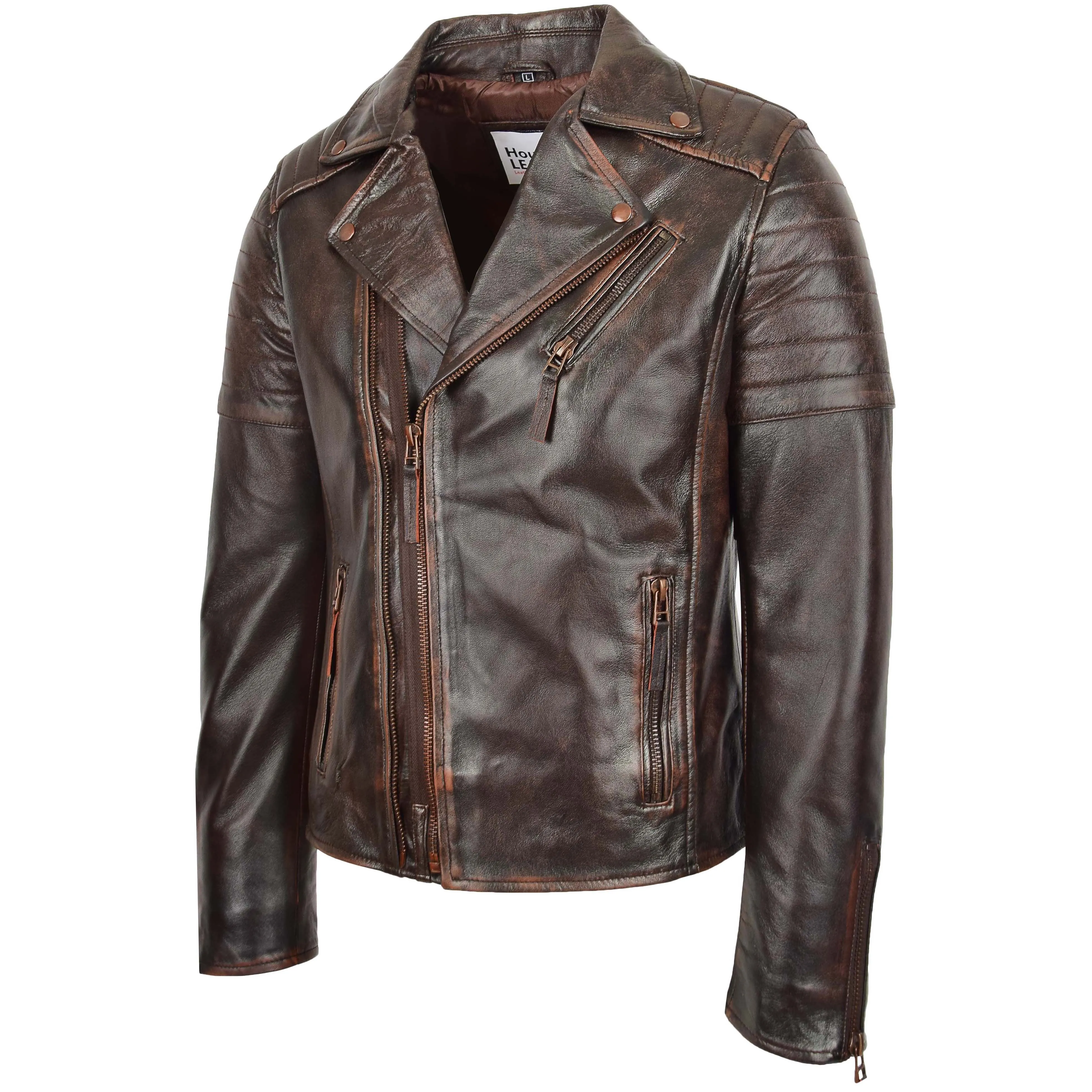 Mens Biker Leather Jacket Dual Zip Hook Brown Vintage