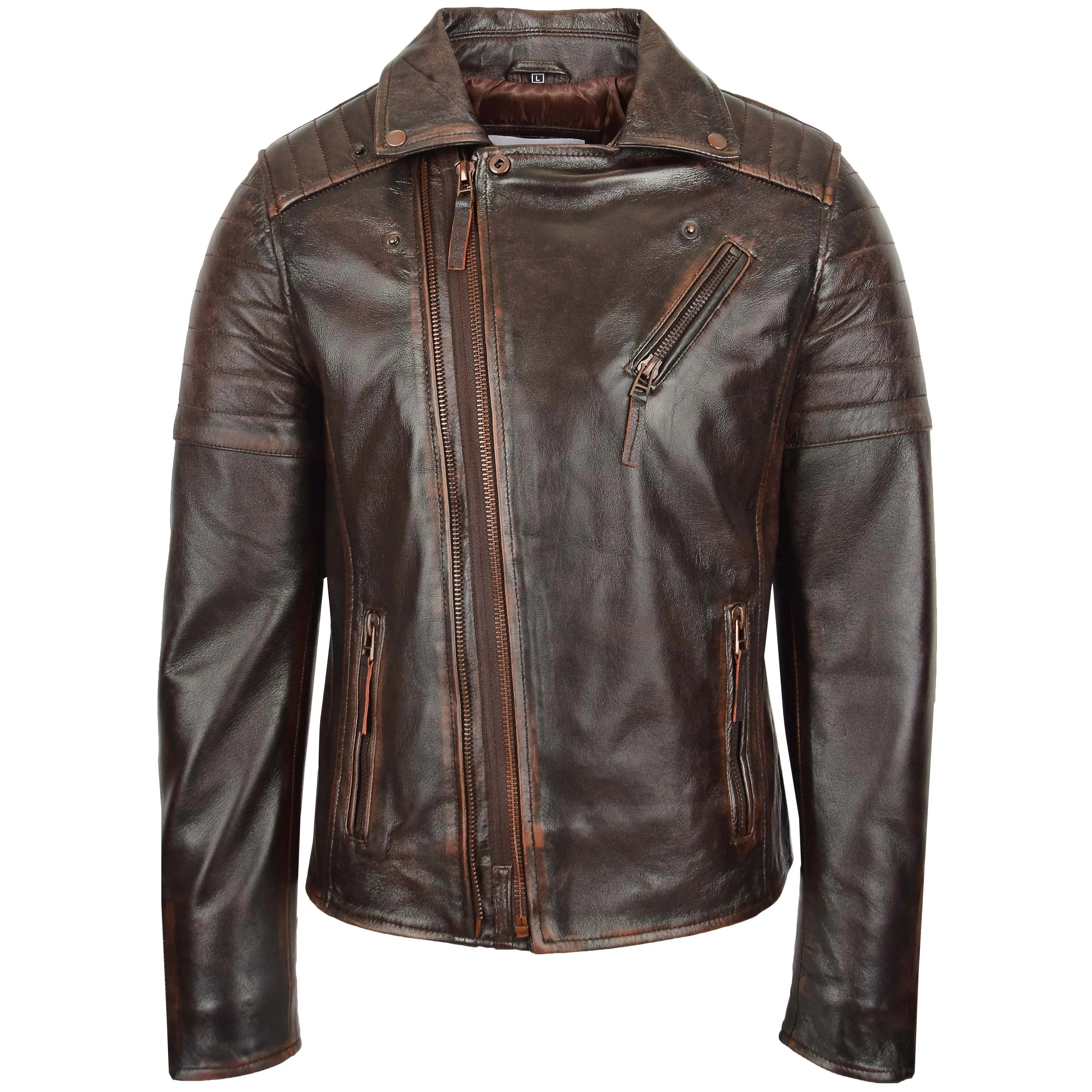 Mens Biker Leather Jacket Dual Zip Hook Brown Vintage