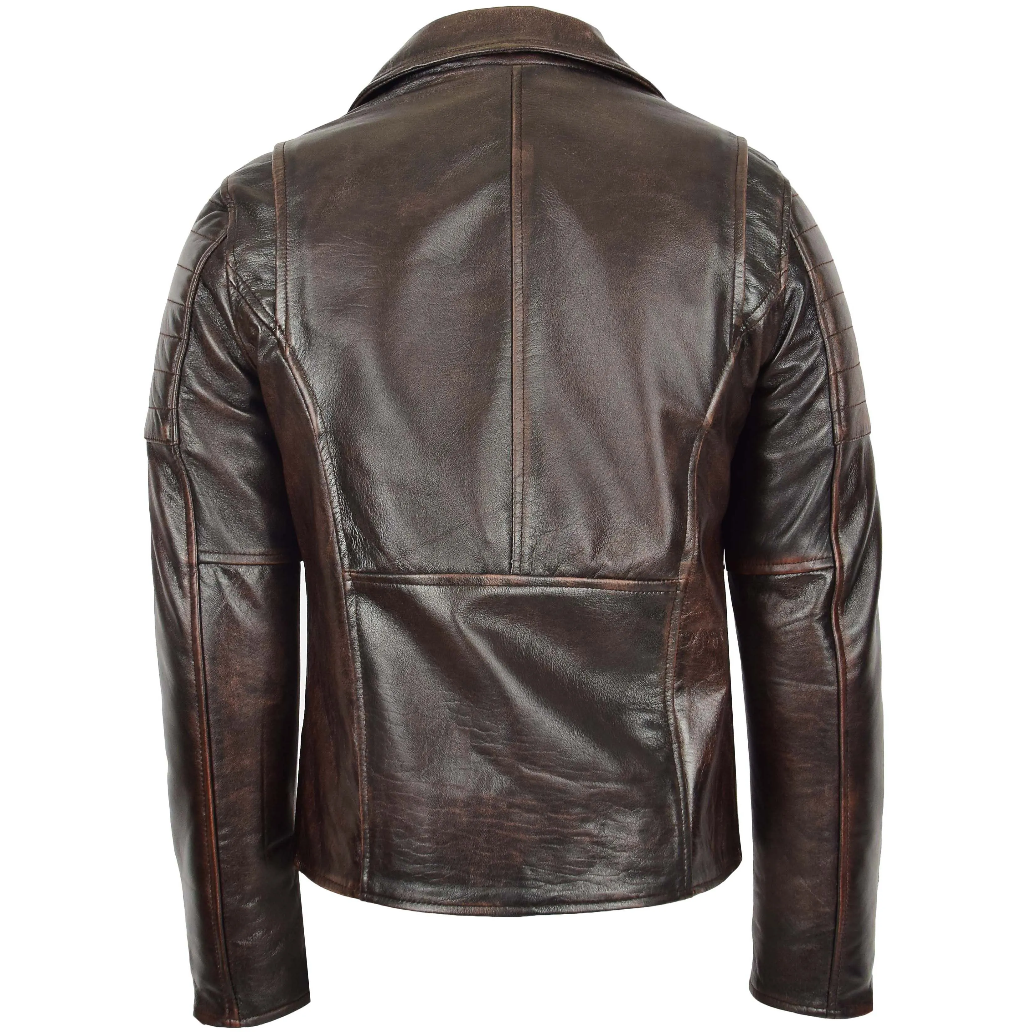 Mens Biker Leather Jacket Dual Zip Hook Brown Vintage