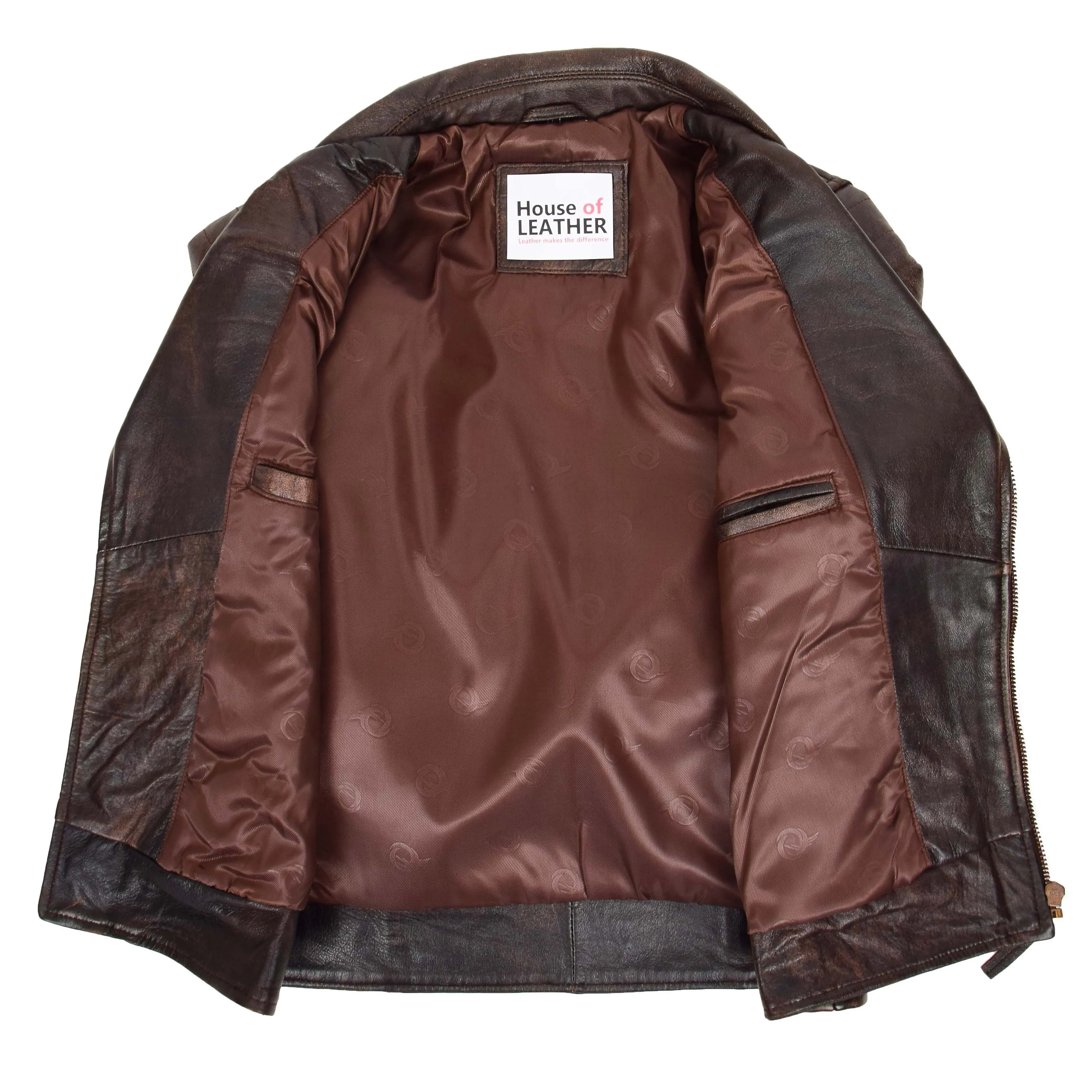 Mens Biker Leather Jacket Dual Zip Hook Brown Vintage