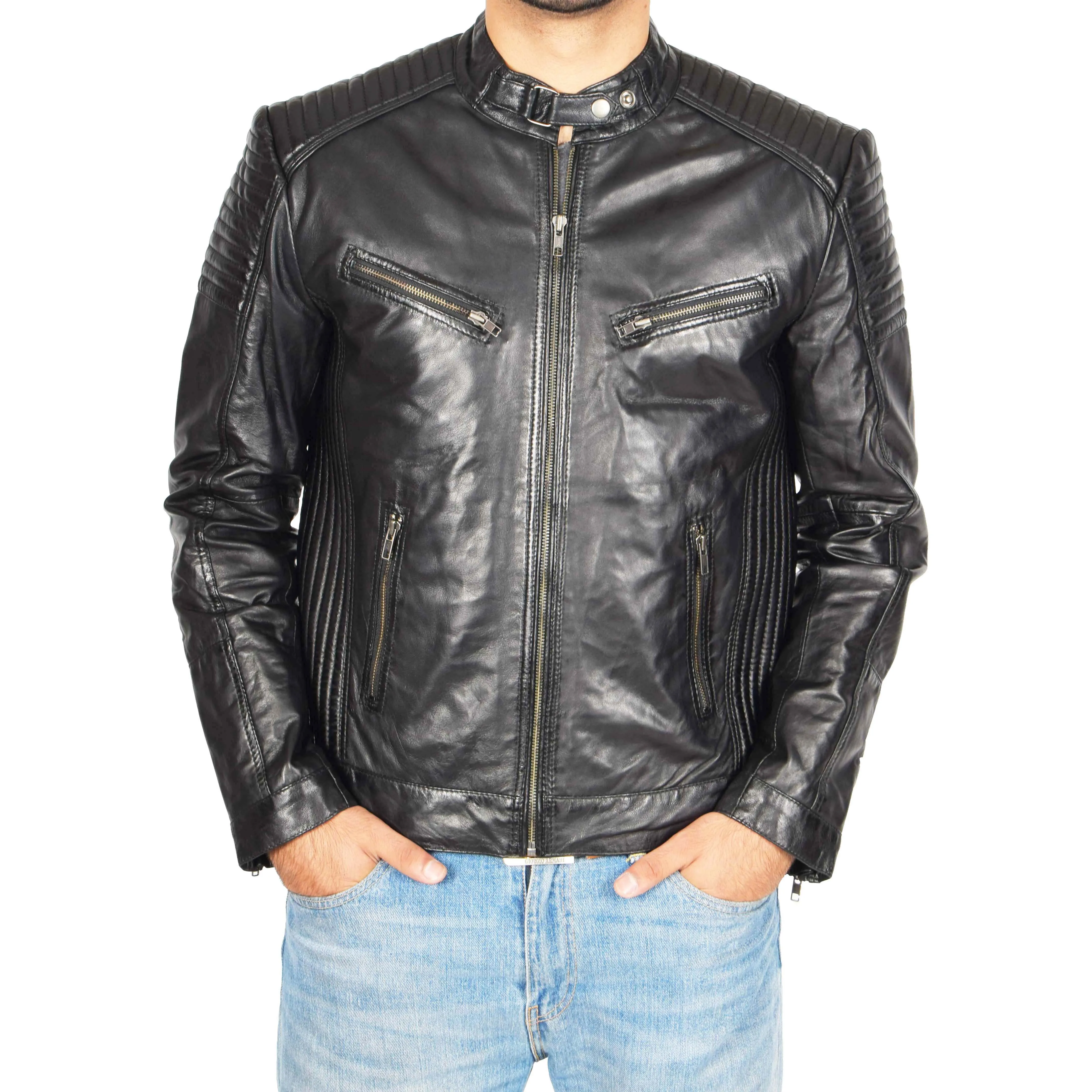 Mens Café Racer Biker Leather Jacket Teddy Black