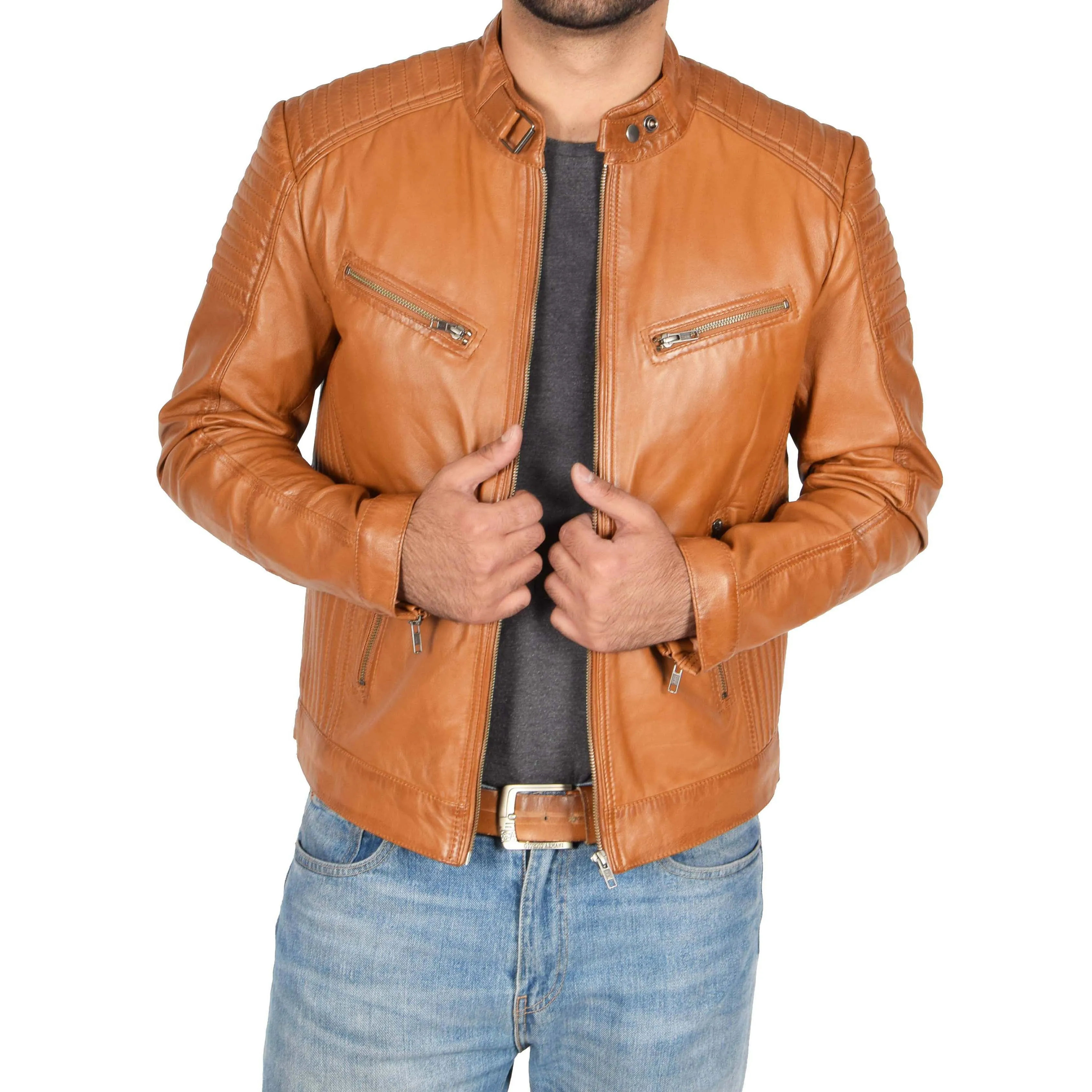 Mens Cafe Racer Biker Leather Jacket Teddy Tan