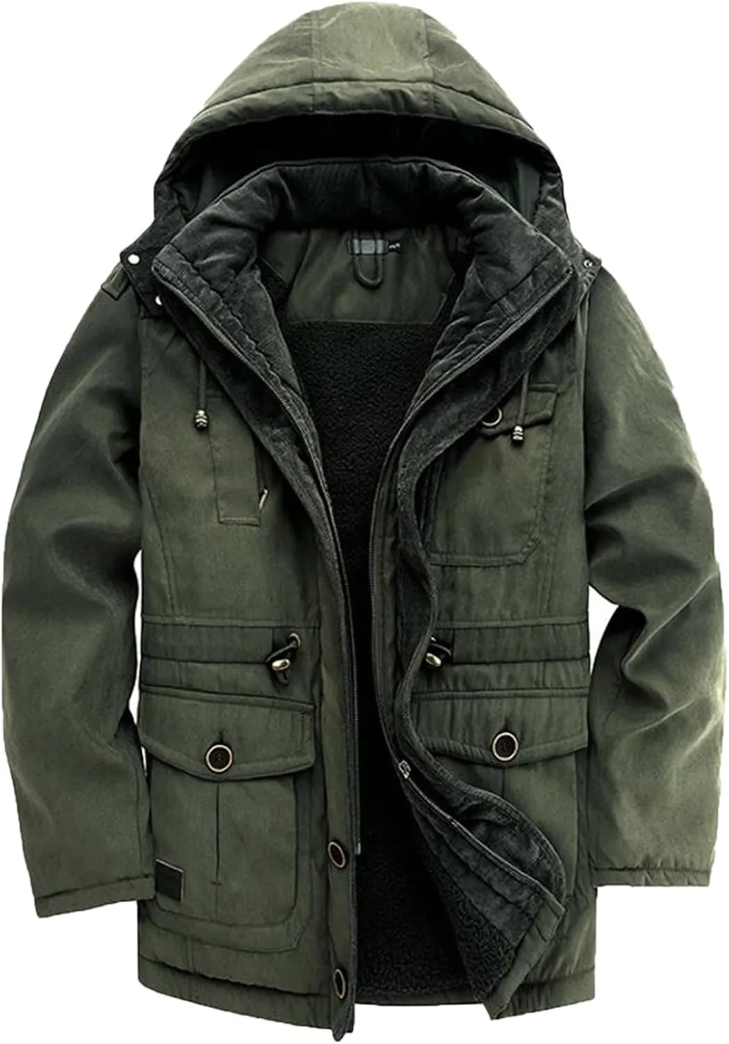 Men's Cargo Jacket 2023 Winter Warm Coats Fleece Lined Jackets with Removable Hood Ski Snow Mountain Windproof Overcoat
