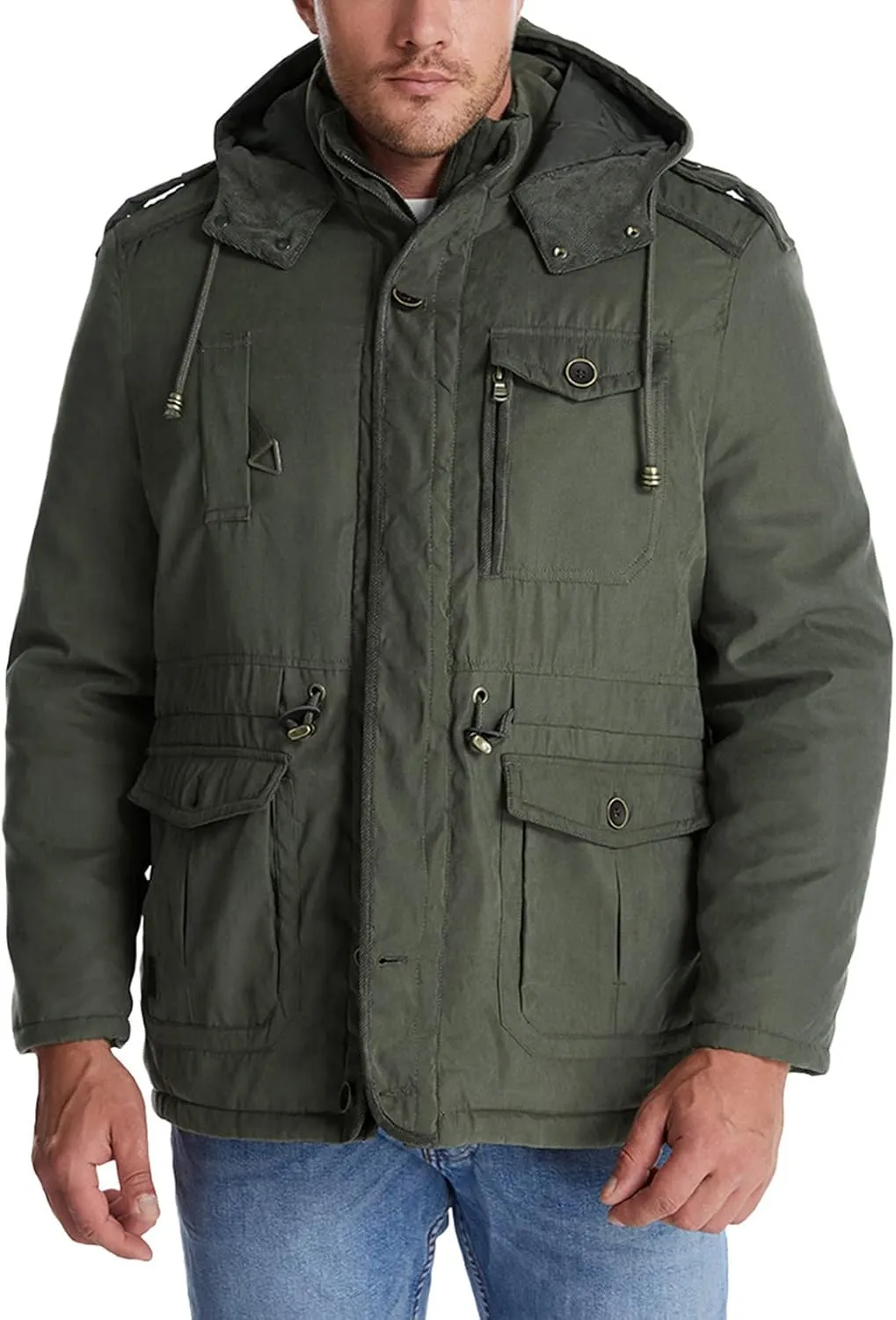 Men's Cargo Jacket 2023 Winter Warm Coats Fleece Lined Jackets with Removable Hood Ski Snow Mountain Windproof Overcoat