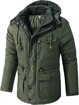 Men's Cargo Jacket 2023 Winter Warm Coats Fleece Lined Jackets with Removable Hood Ski Snow Mountain Windproof Overcoat
