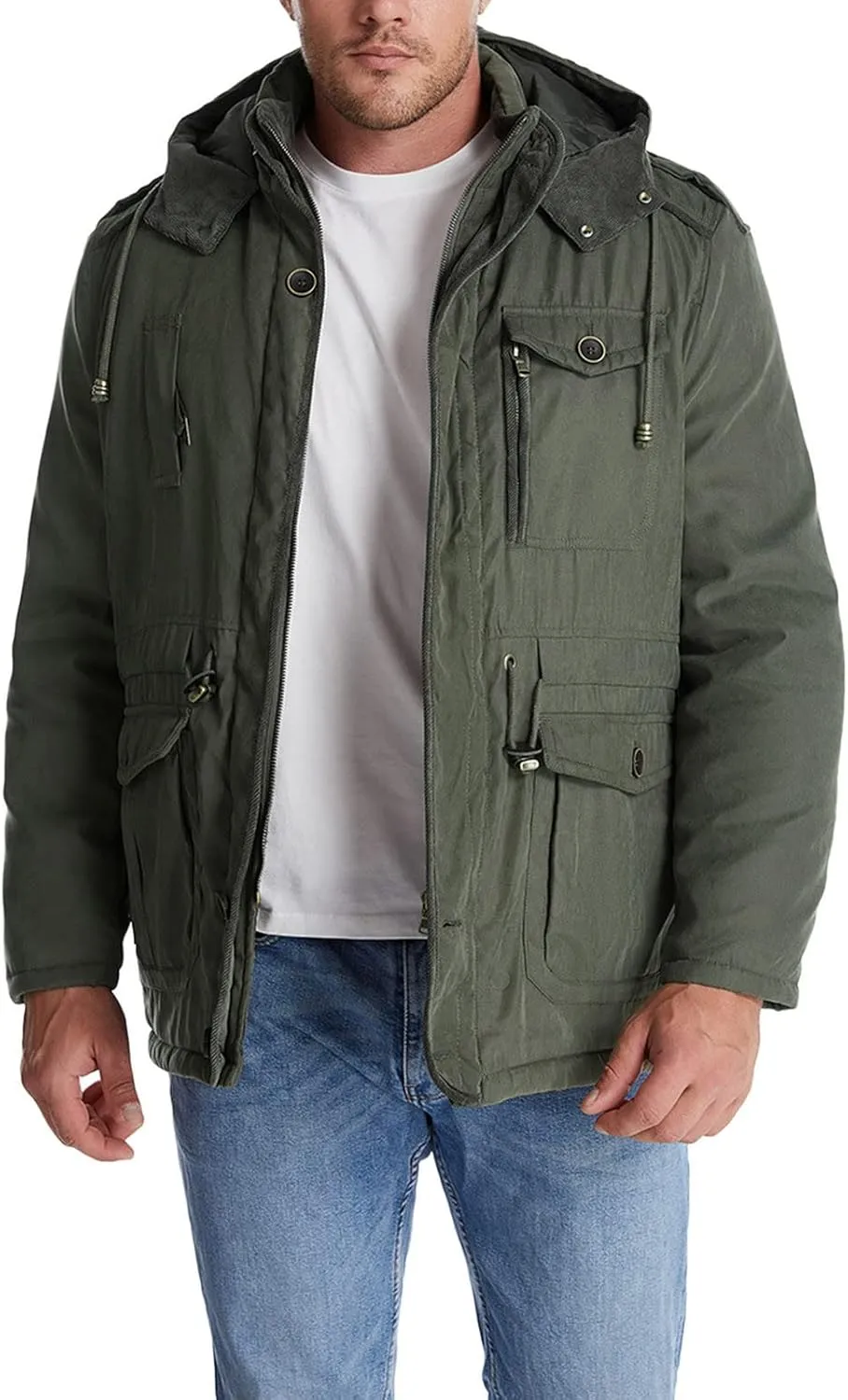 Men's Cargo Jacket 2023 Winter Warm Coats Fleece Lined Jackets with Removable Hood Ski Snow Mountain Windproof Overcoat
