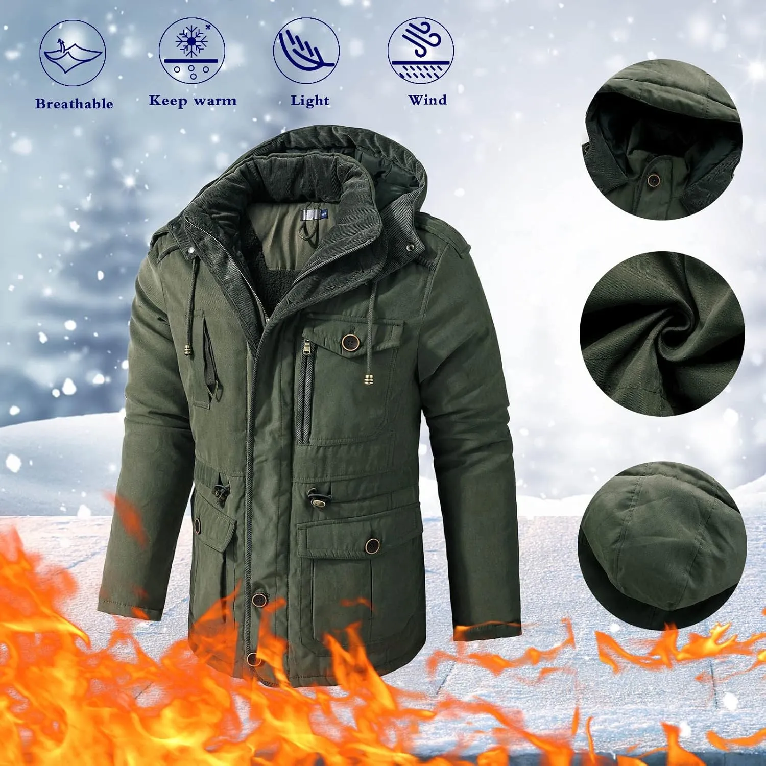 Men's Cargo Jacket 2023 Winter Warm Coats Fleece Lined Jackets with Removable Hood Ski Snow Mountain Windproof Overcoat
