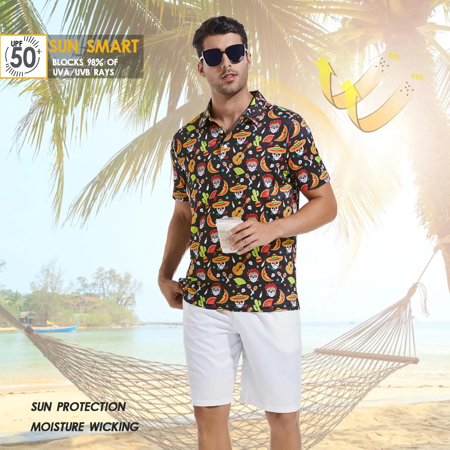 Mens Golf Shirt Short Sleeve Dry Fit Print Moisture Wicking Performance Patterns Collared Polo Shirt