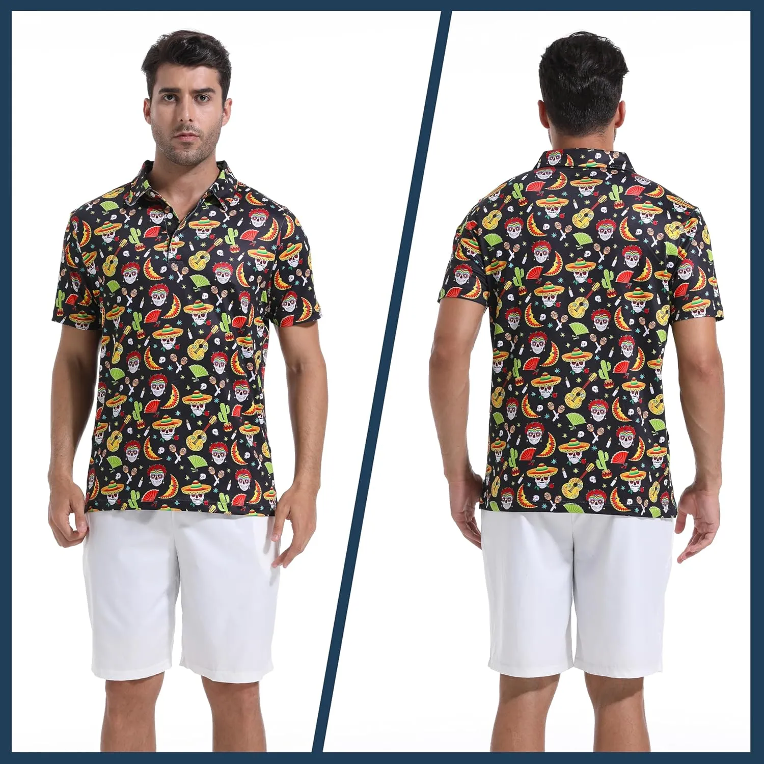 Mens Golf Shirt Short Sleeve Dry Fit Print Moisture Wicking Performance Patterns Collared Polo Shirt