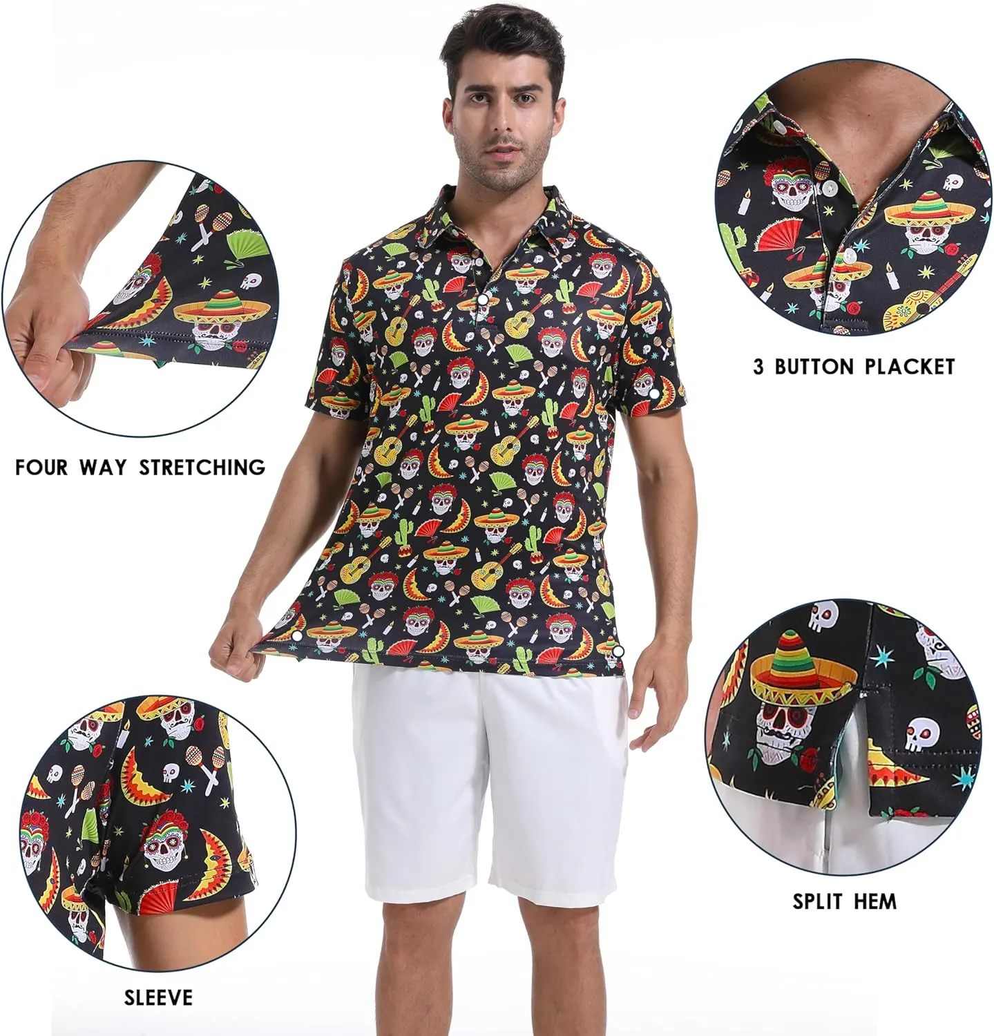 Mens Golf Shirt Short Sleeve Dry Fit Print Moisture Wicking Performance Patterns Collared Polo Shirt