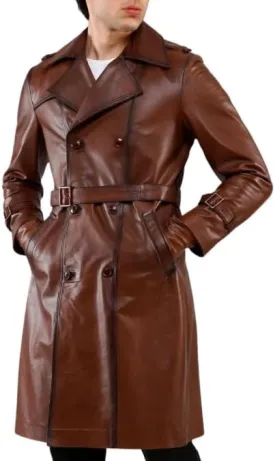 Mens Leather Long Coat - Men's Trench Full Body Genuine Leather Coat - Real Lambskin Leather Long Coat