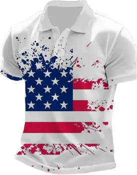 Mens Patriotic Polo Shirts Distressted USA Star Striped Golf Tshirts 4th of July Button Down Short Sleeve Clothes