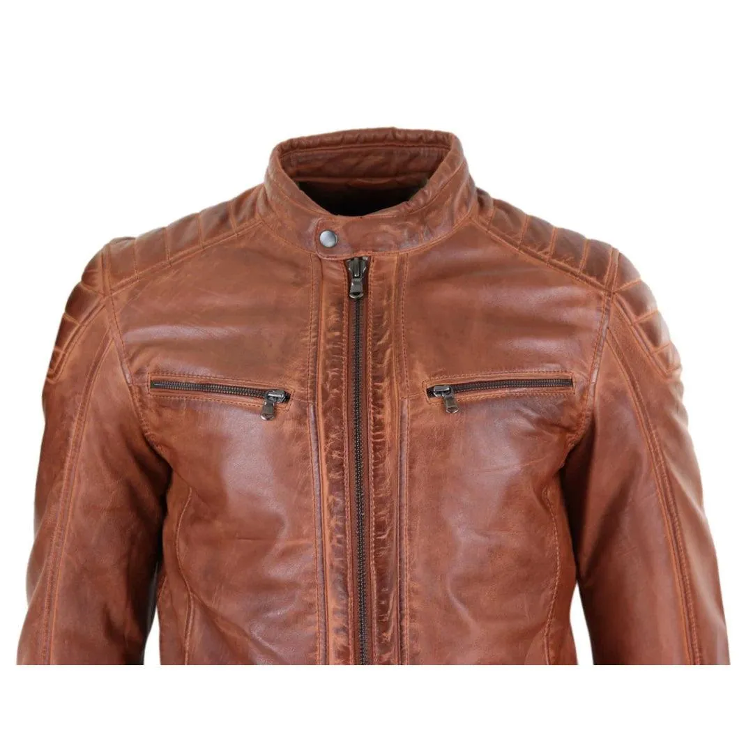 Mens Real Leather Jacket Tailored Fit Biker Zipped Smart Casual Retro Vintage