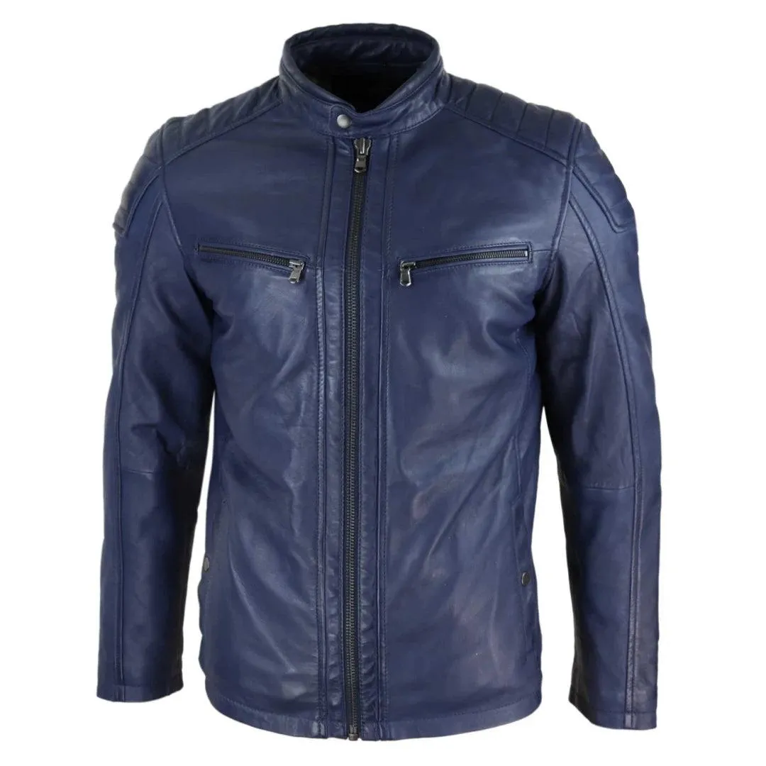 Mens Real Leather Jacket Tailored Fit Biker Zipped Smart Casual Retro Vintage