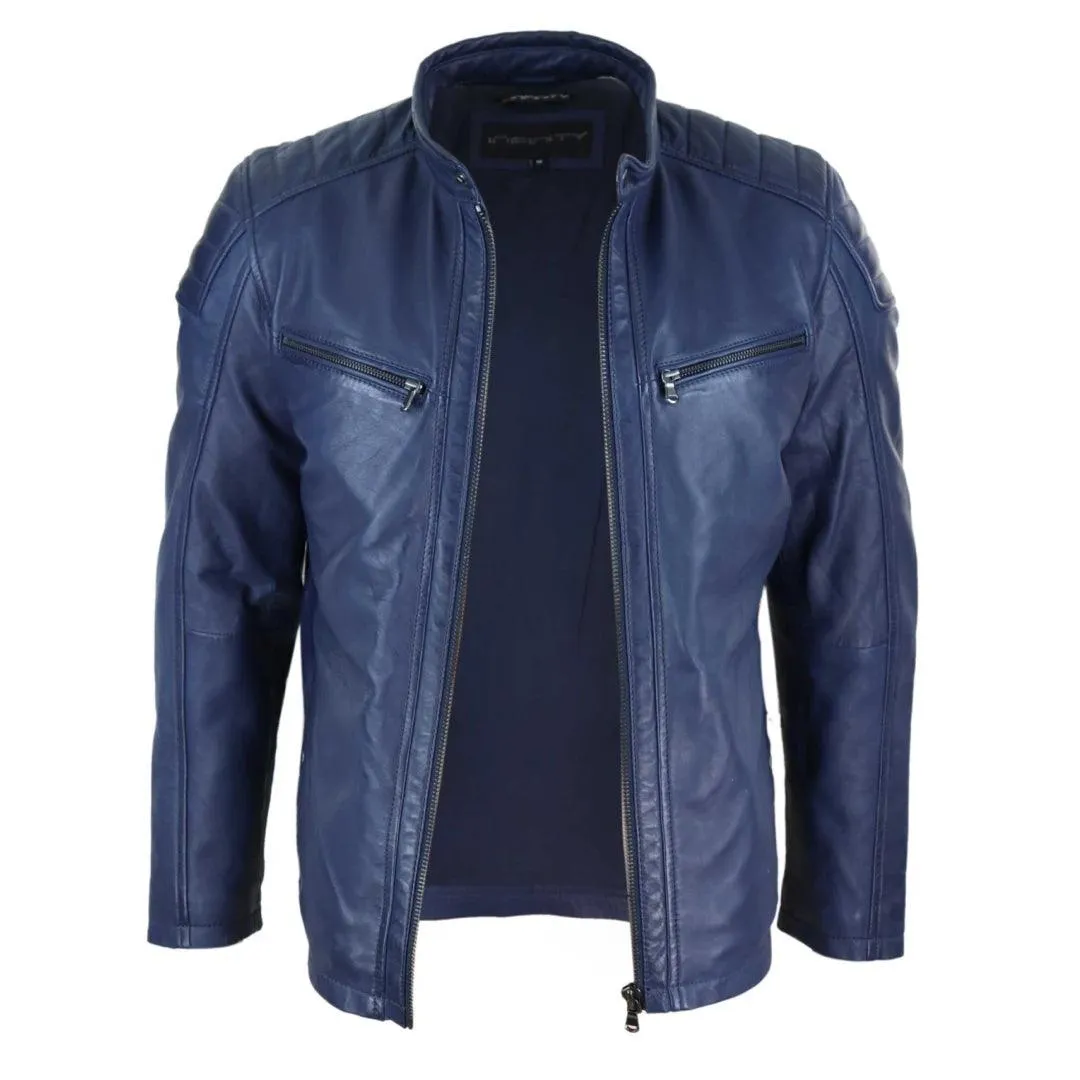 Mens Real Leather Jacket Tailored Fit Biker Zipped Smart Casual Retro Vintage