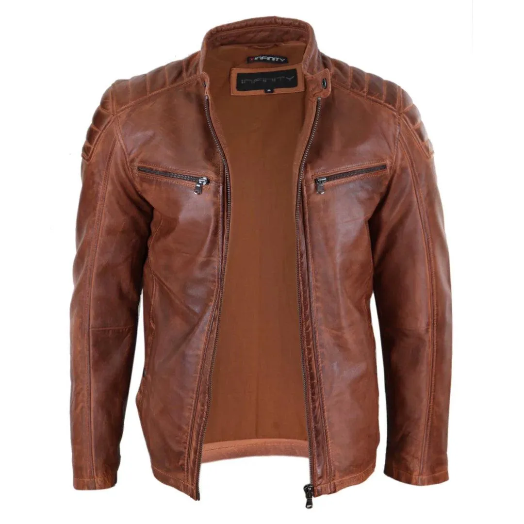 Mens Real Leather Jacket Tailored Fit Biker Zipped Smart Casual Retro Vintage