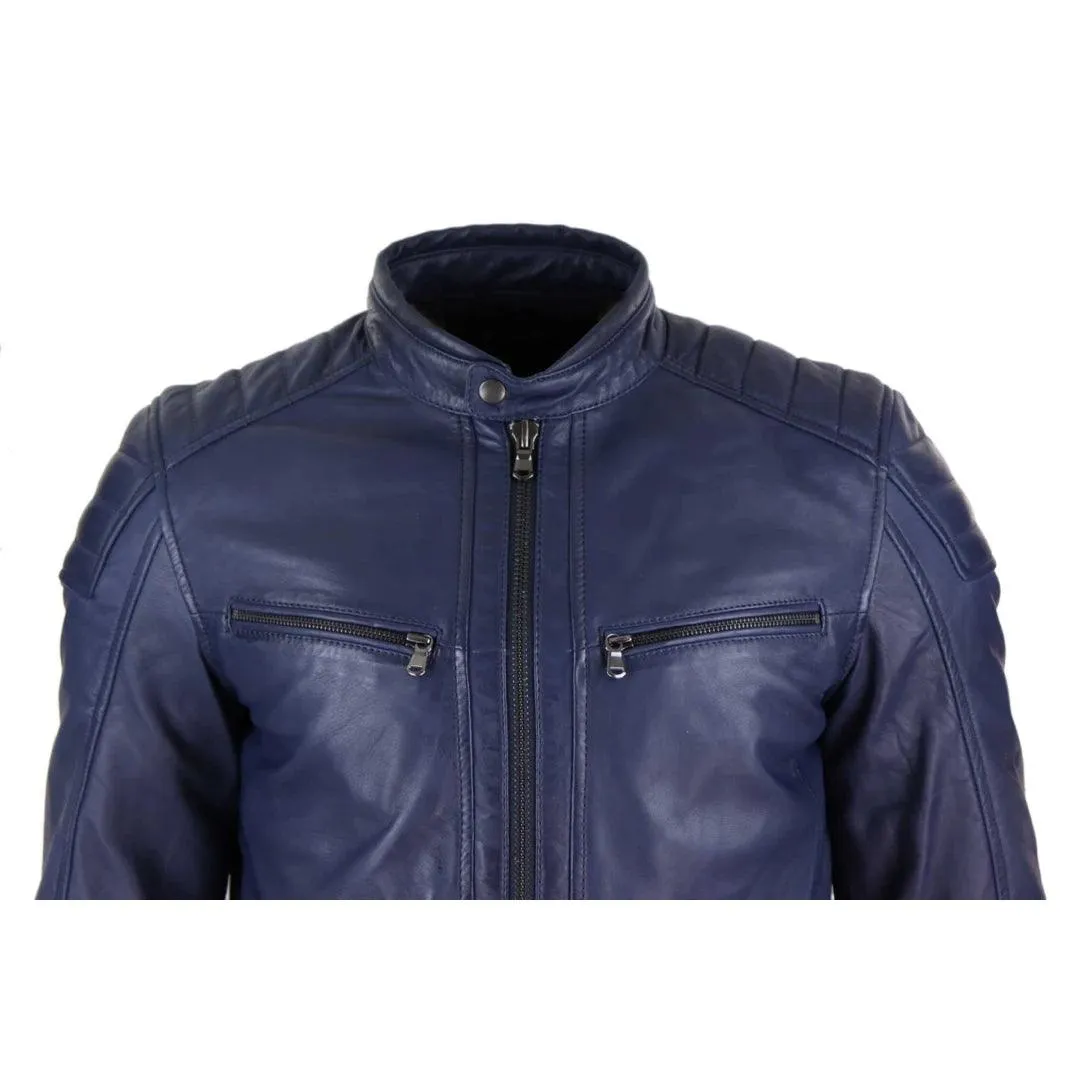 Mens Real Leather Jacket Tailored Fit Biker Zipped Smart Casual Retro Vintage