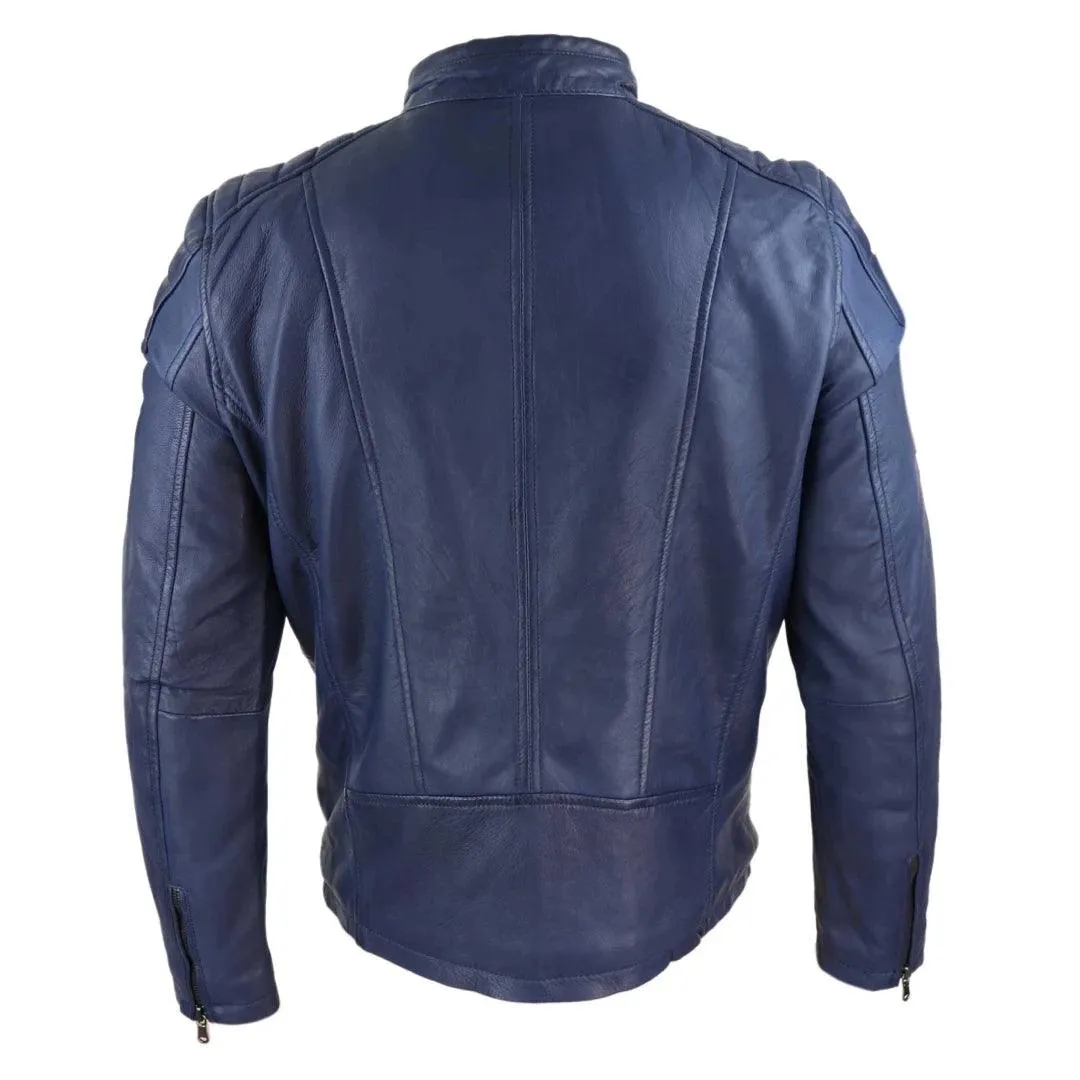 Mens Real Leather Jacket Tailored Fit Biker Zipped Smart Casual Retro Vintage