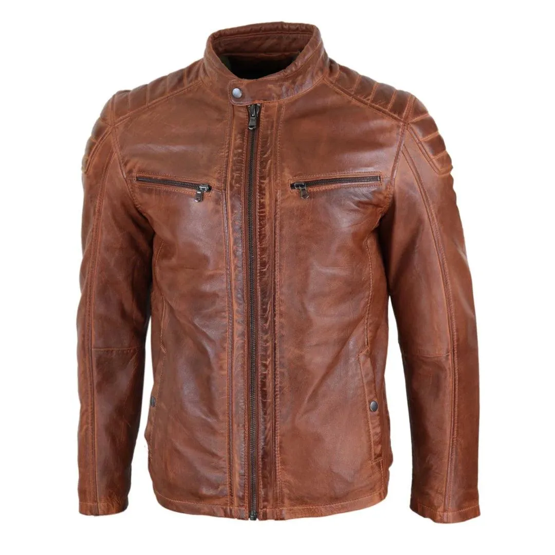 Mens Real Leather Jacket Tailored Fit Biker Zipped Smart Casual Retro Vintage