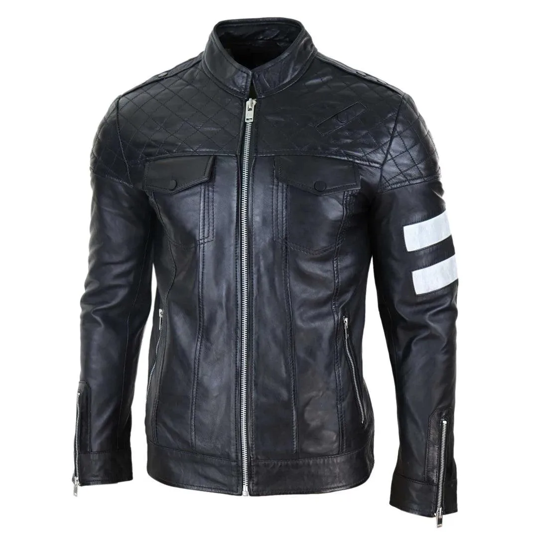 Mens Real Leather Racing Jacket Biker Zipped Casual Napa Stripes Black White