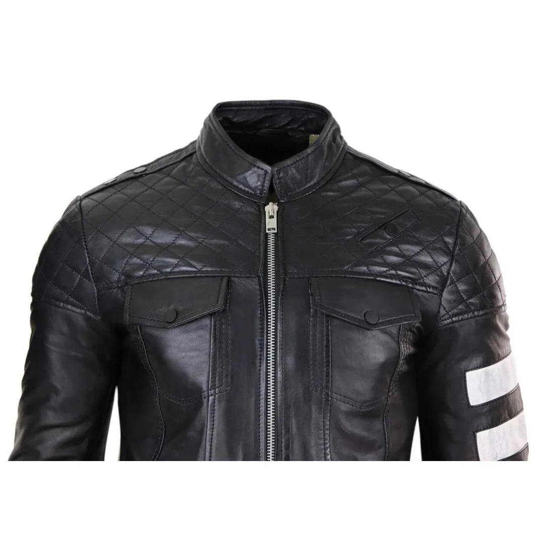 Mens Real Leather Racing Jacket Biker Zipped Casual Napa Stripes Black White