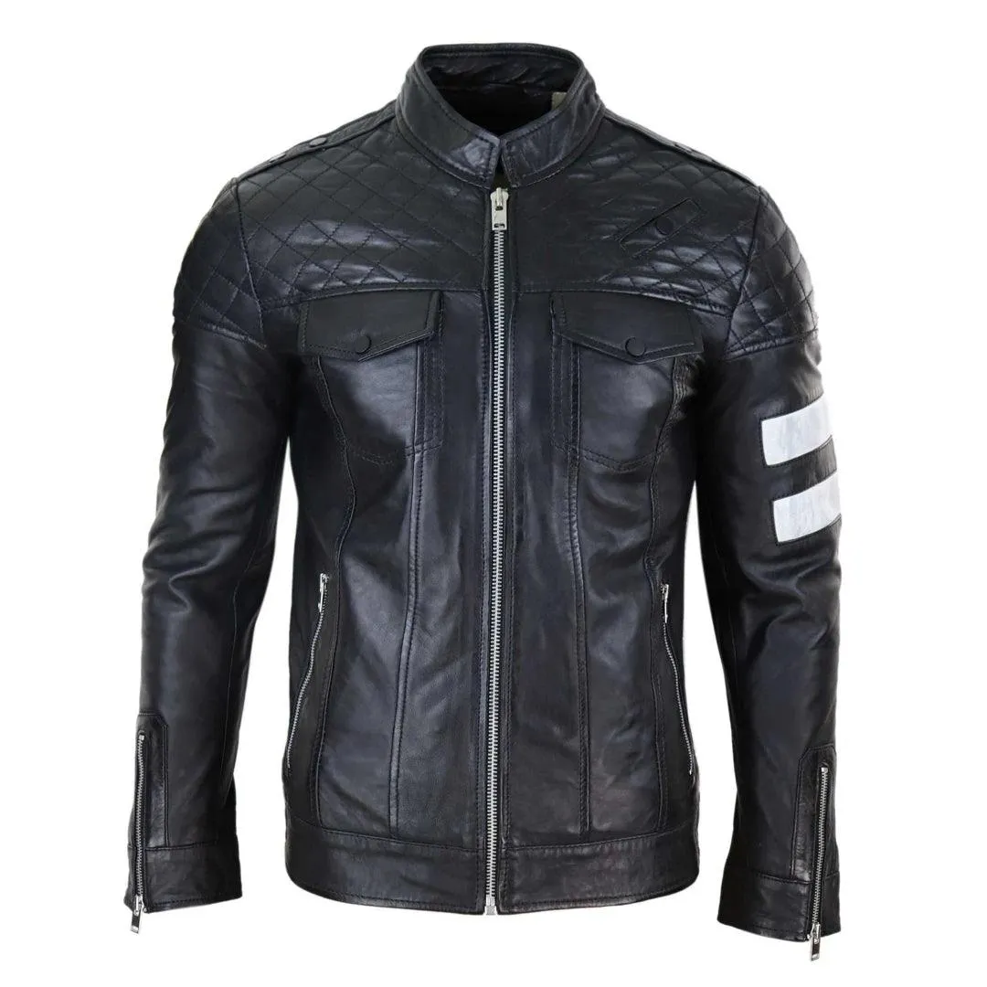 Mens Real Leather Racing Jacket Biker Zipped Casual Napa Stripes Black White