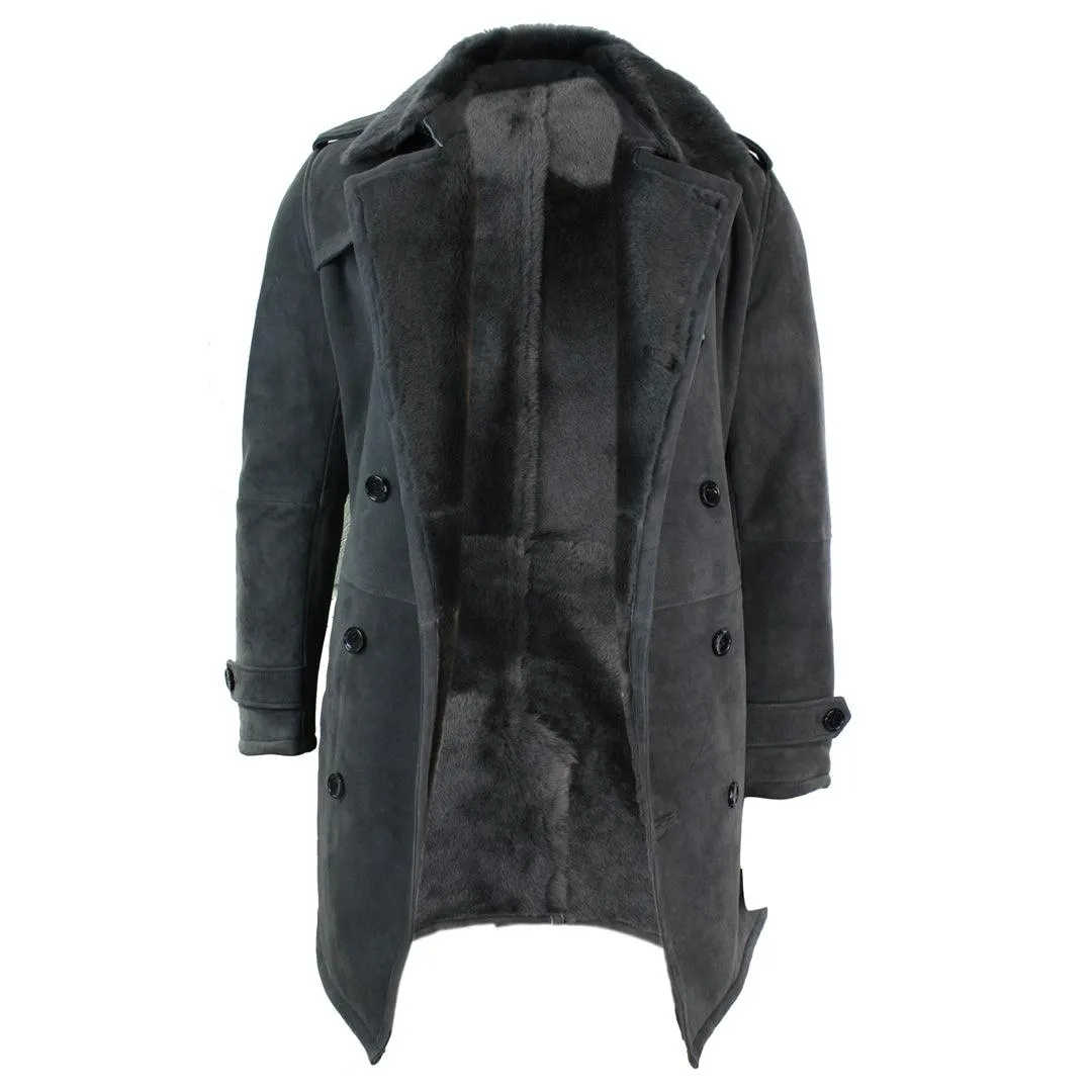 Mens Sherling Sheepskin Black Grey Double Breasted Belted Crombi 3/4 Overcoat