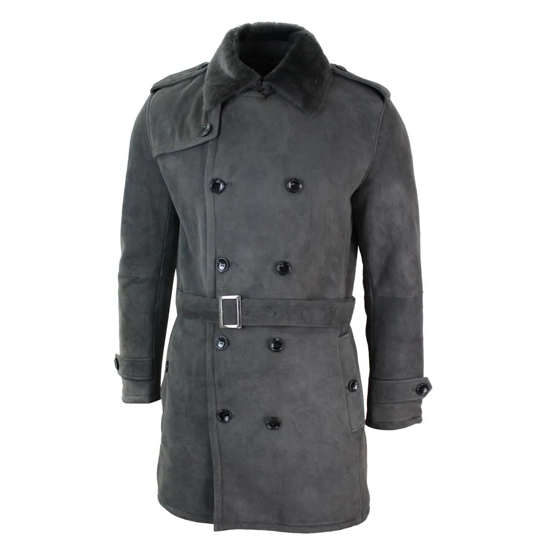 Mens Sherling Sheepskin Black Grey Double Breasted Belted Crombi 3/4 Overcoat
