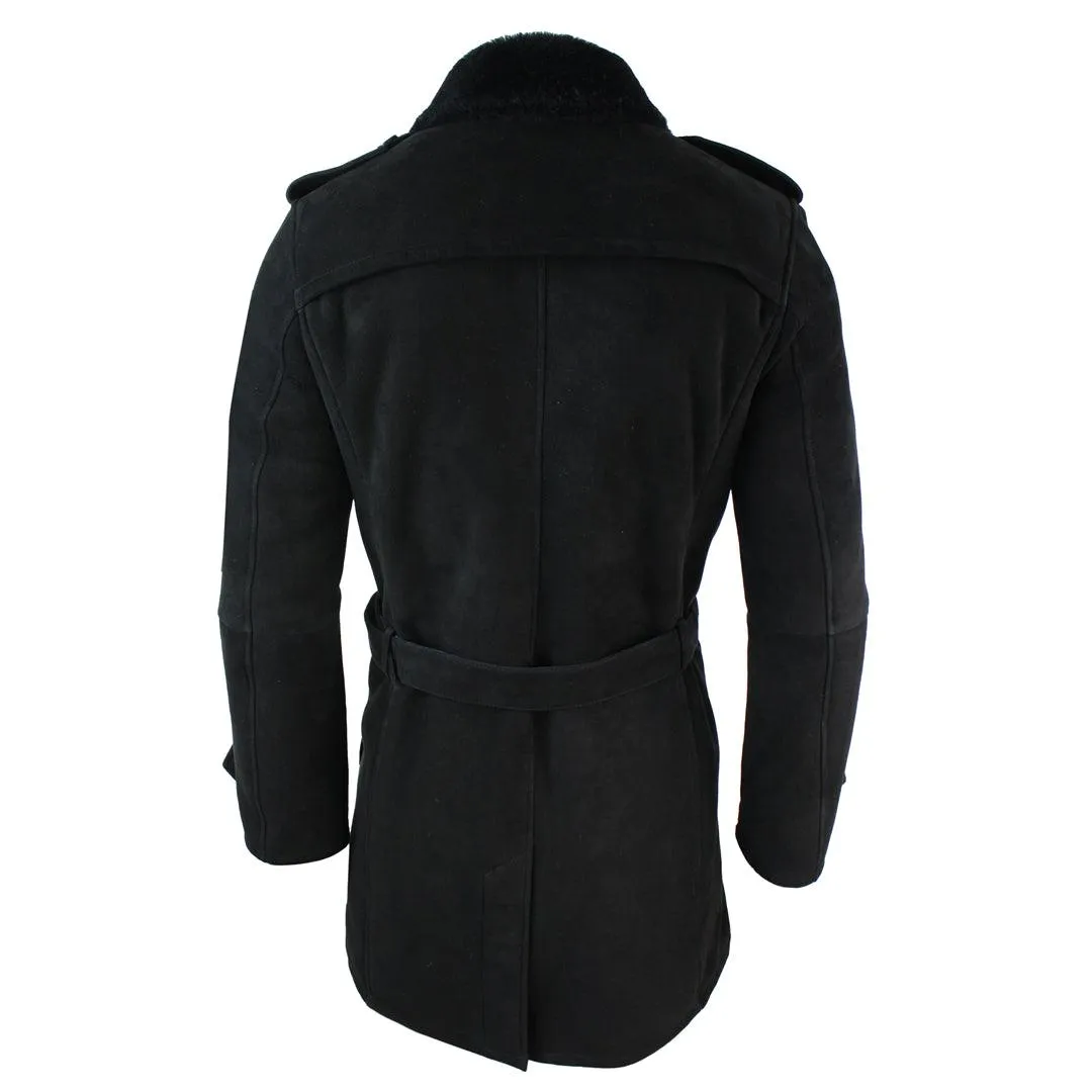 Mens Sherling Sheepskin Black Grey Double Breasted Belted Crombi 3/4 Overcoat