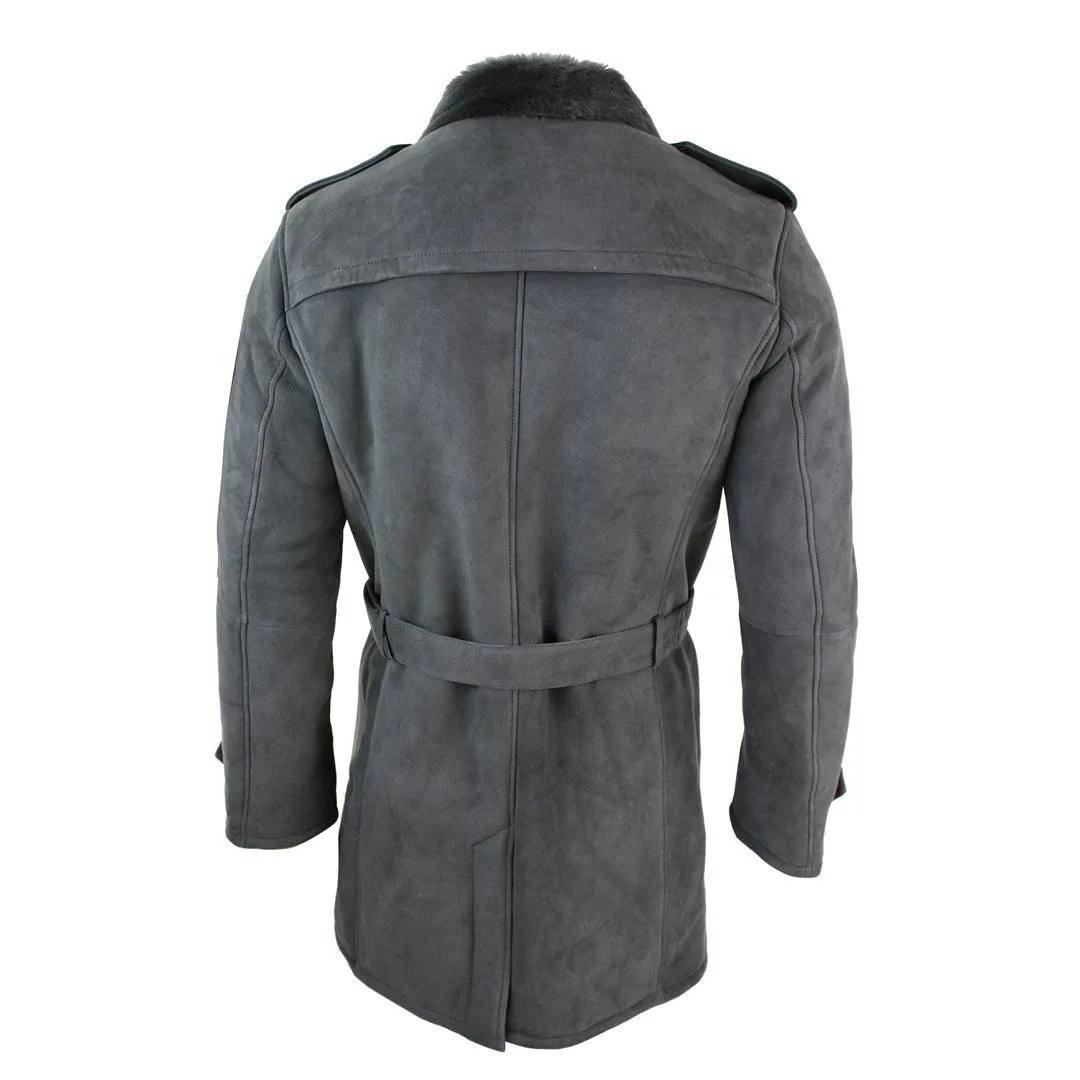 Mens Sherling Sheepskin Black Grey Double Breasted Belted Crombi 3/4 Overcoat