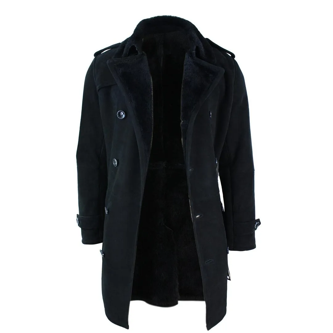 Mens Sherling Sheepskin Black Grey Double Breasted Belted Crombi 3/4 Overcoat
