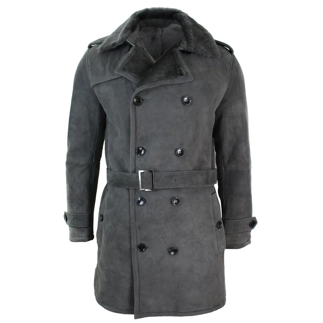 Mens Sherling Sheepskin Black Grey Double Breasted Belted Crombi 3/4 Overcoat