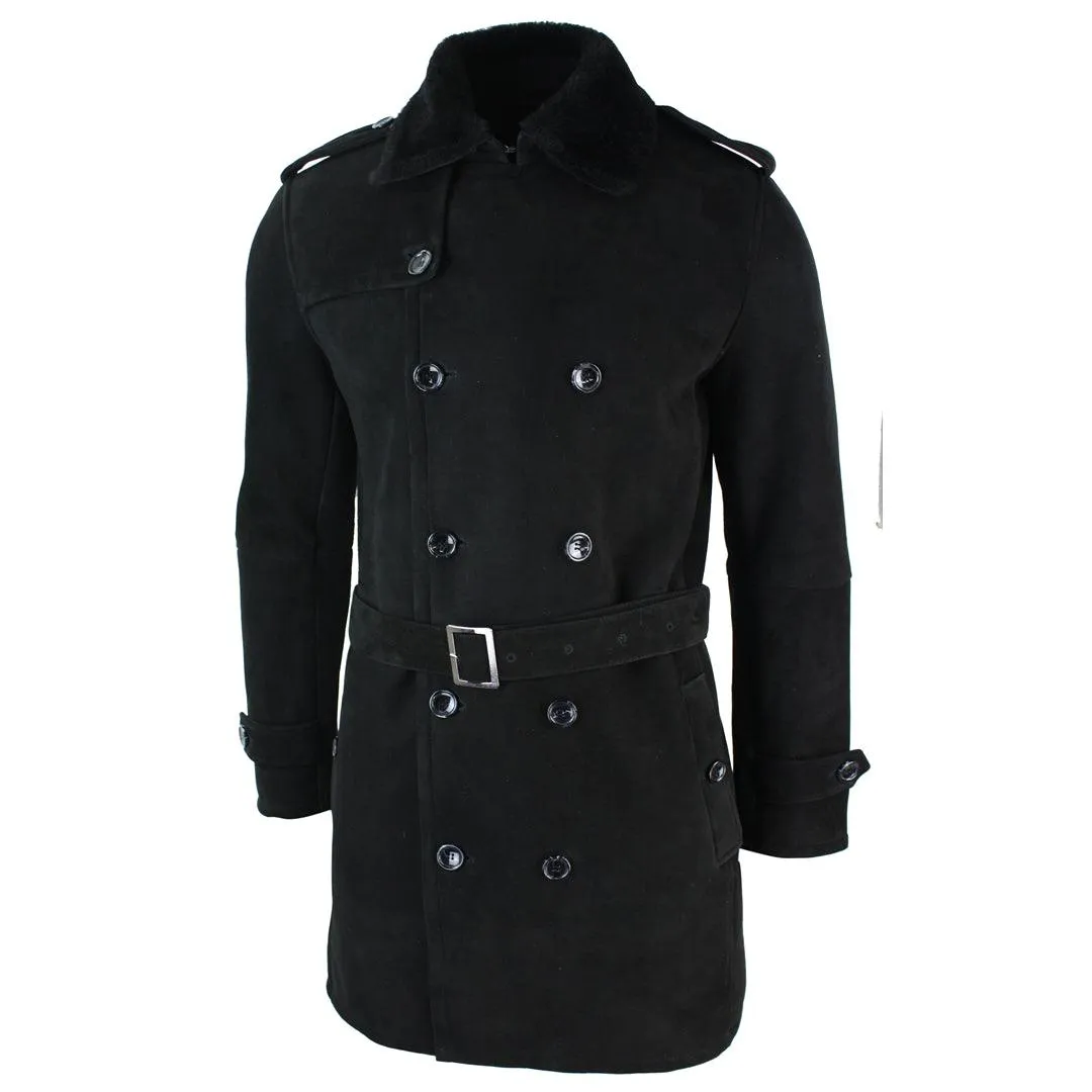 Mens Sherling Sheepskin Black Grey Double Breasted Belted Crombi 3/4 Overcoat